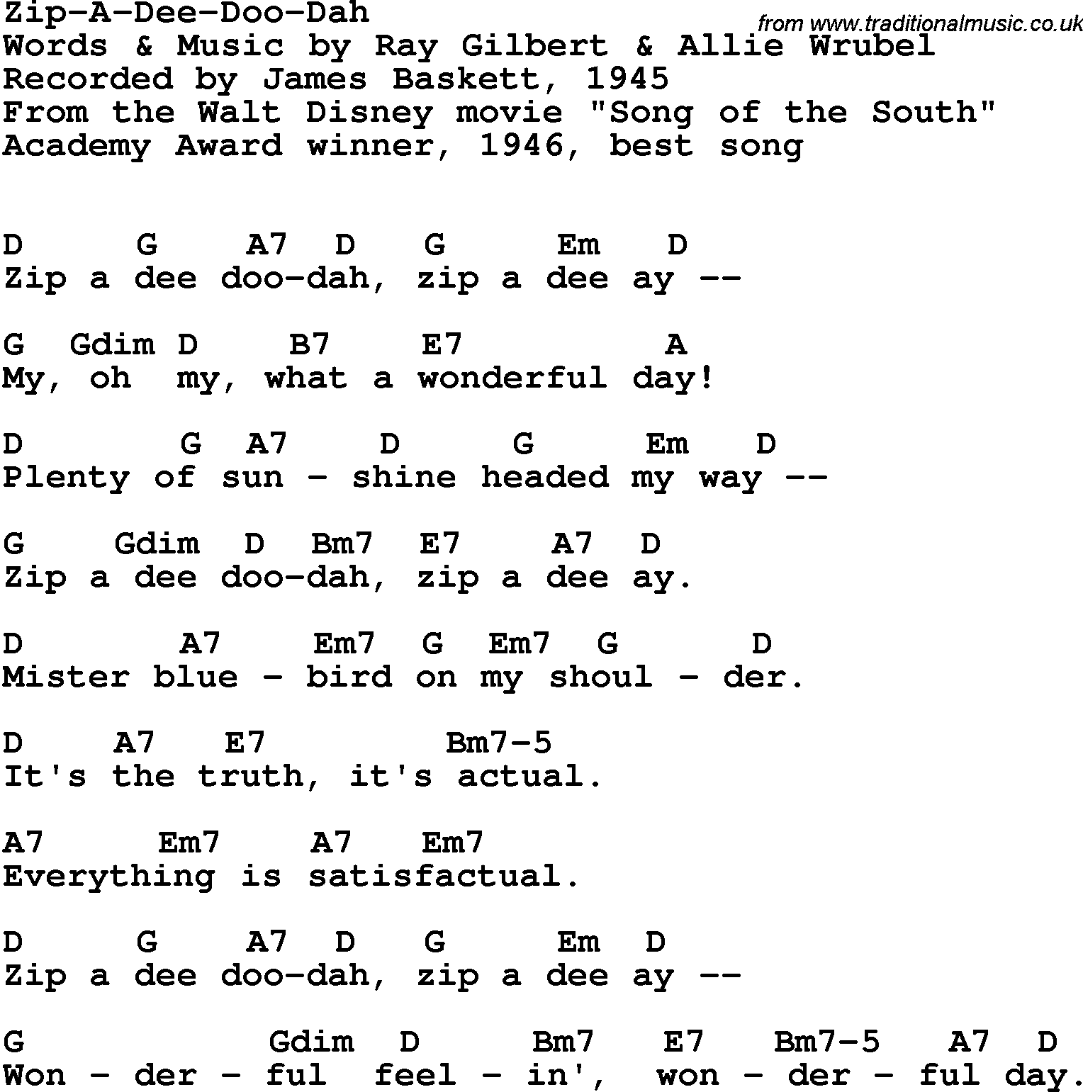 Song Lyrics With Guitar Chords For Zip A Dee Doo Dah James Baskett 1946