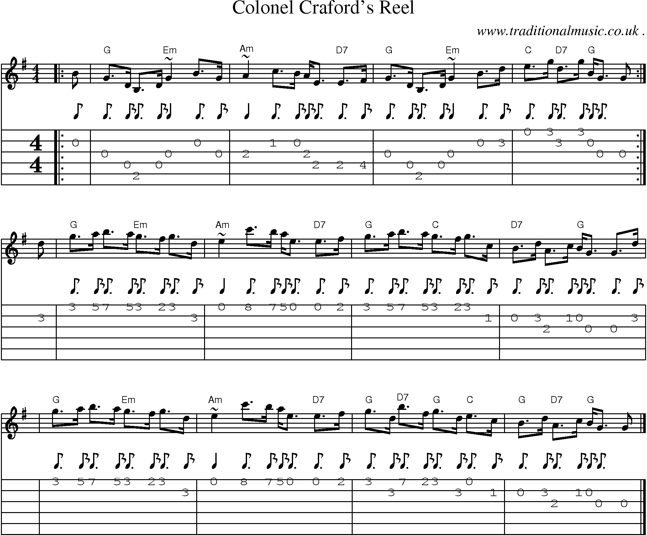 Sheet-music  score, Chords and Guitar Tabs for Colonel Crafords Reel
