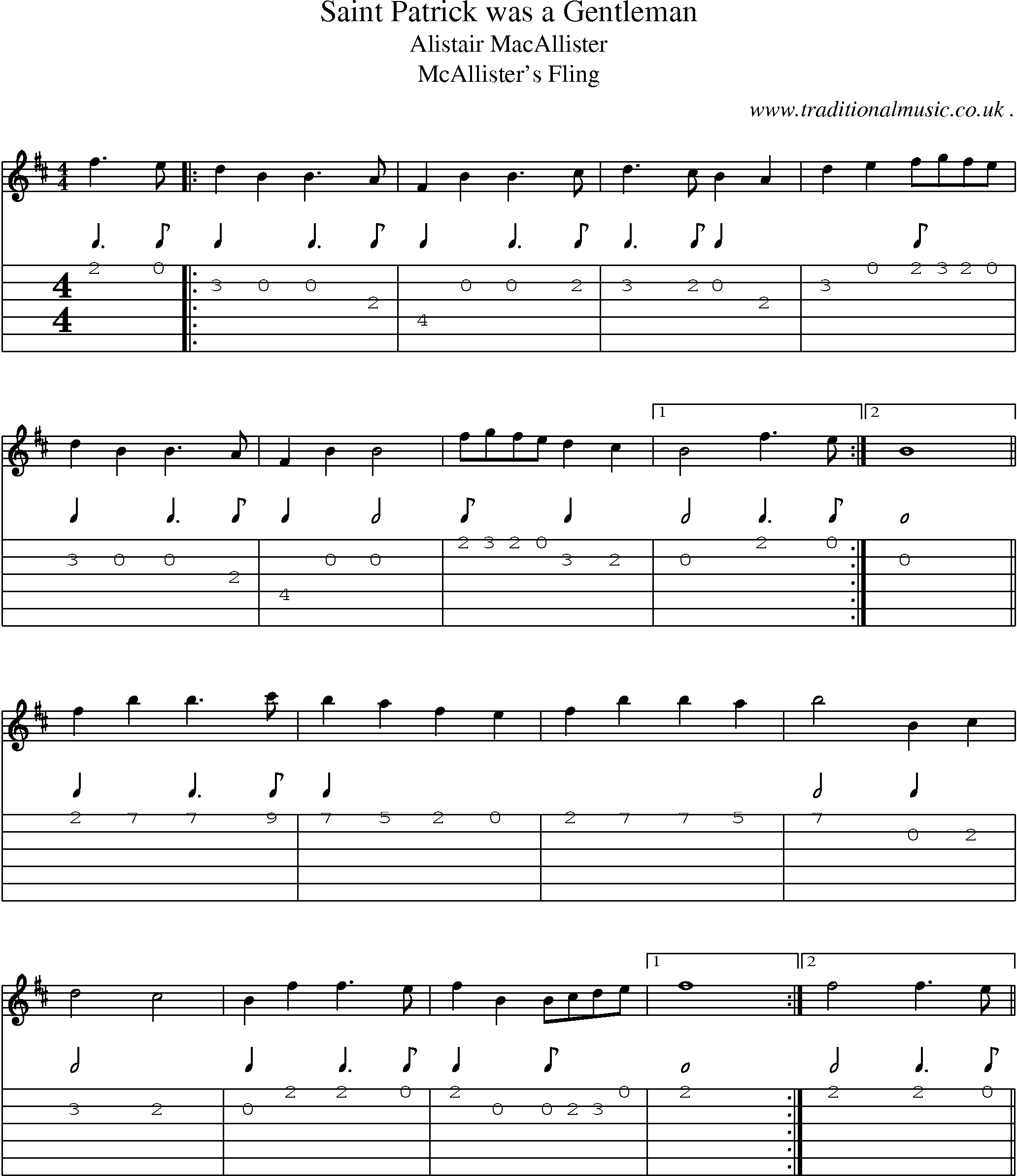 Sheet-music  score, Chords and Guitar Tabs for Saint Patrick Was A Gentleman
