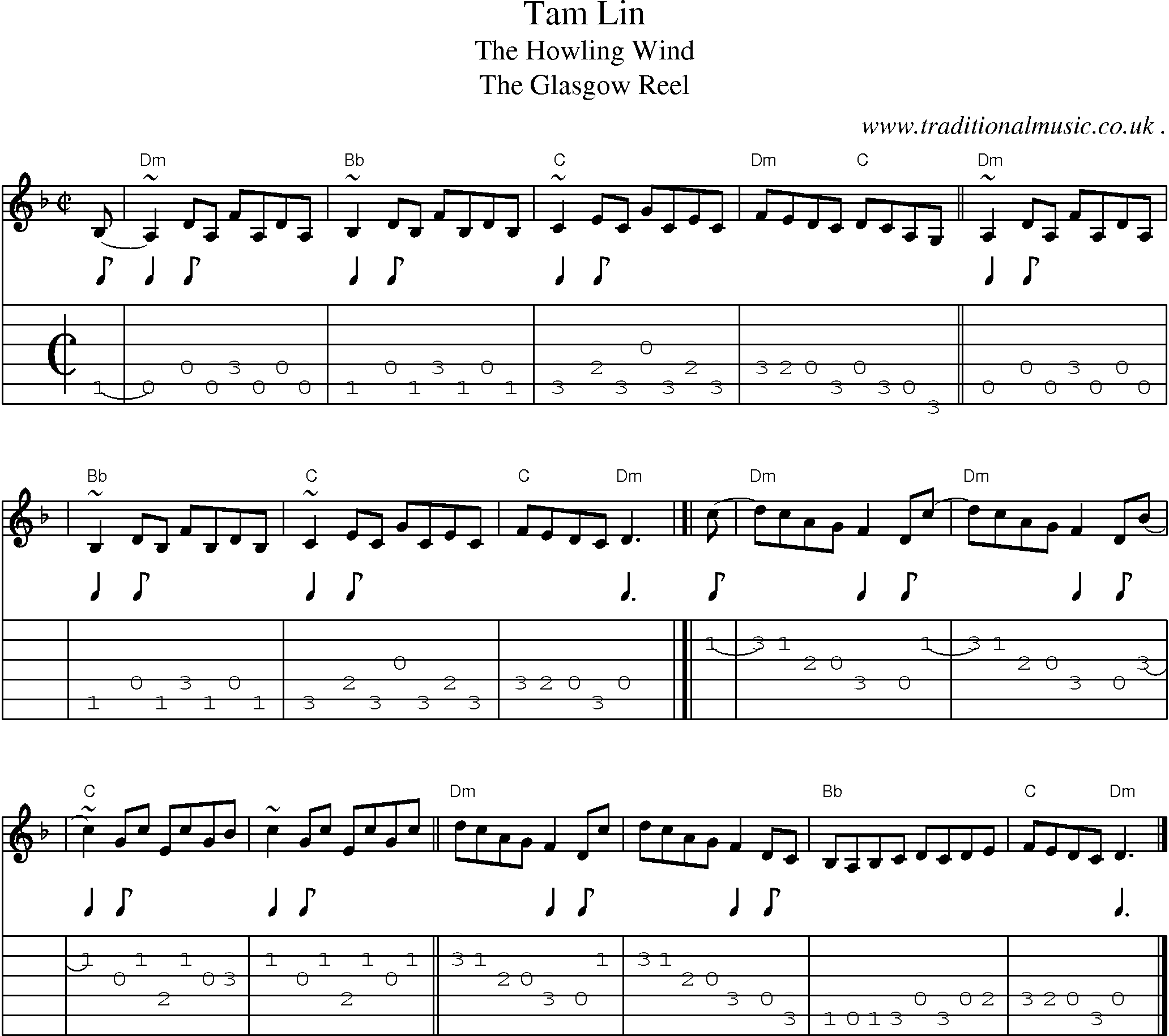 Sheet-music  score, Chords and Guitar Tabs for Tam Lin