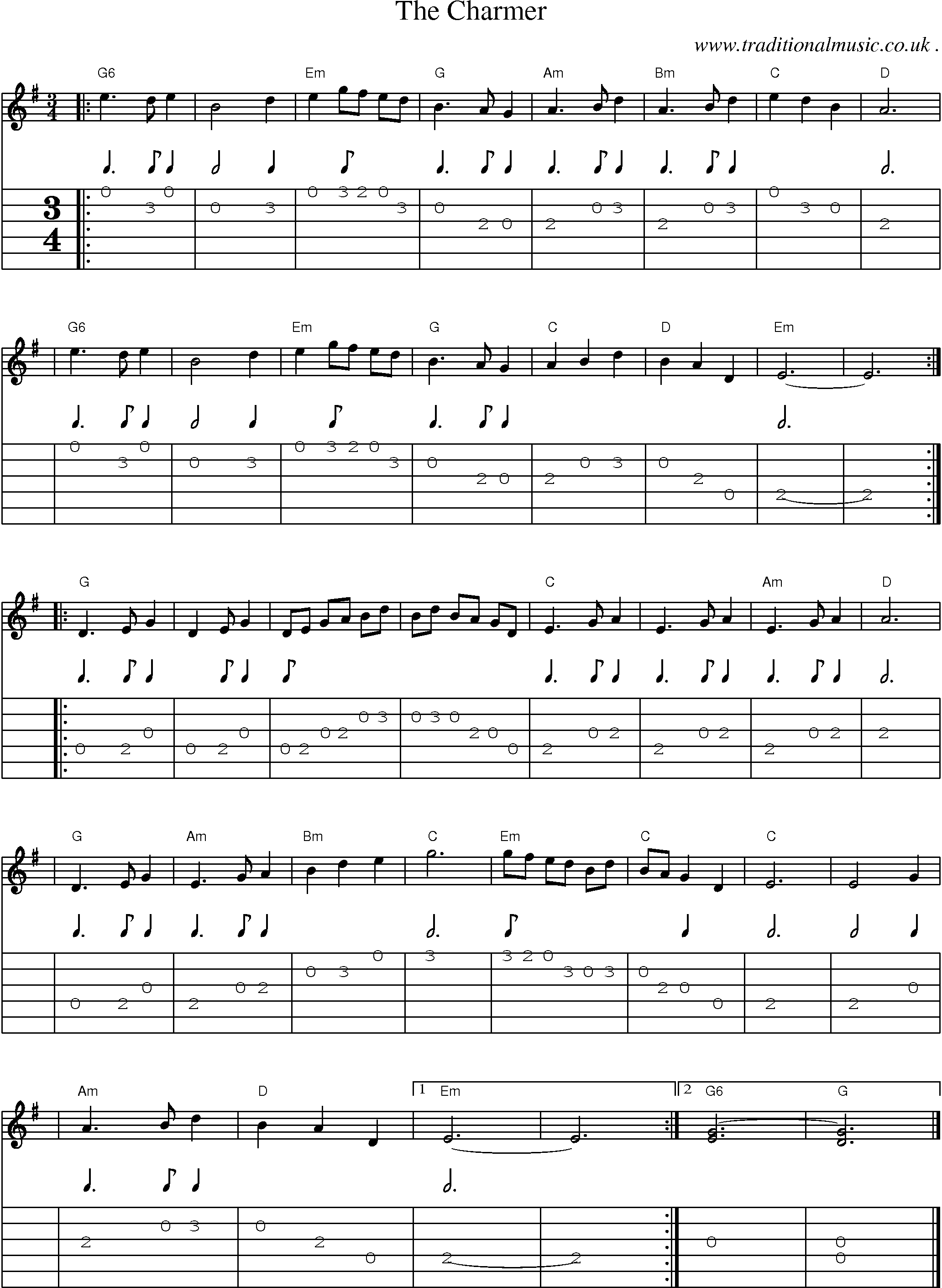Sheet-music  score, Chords and Guitar Tabs for The Charmer