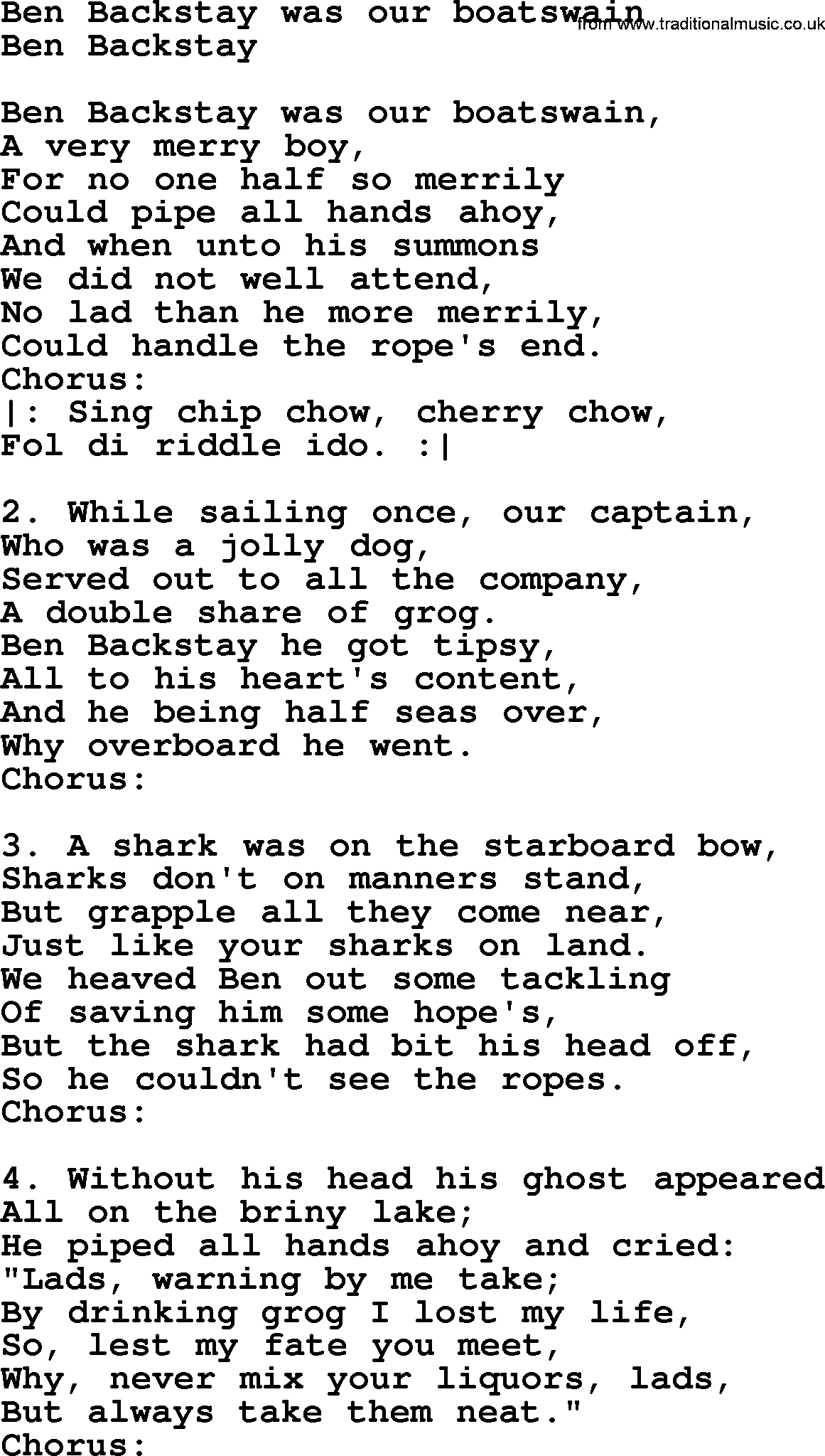 Sea Song or Shantie: Ben Backstay Was Our Boatswain, lyrics