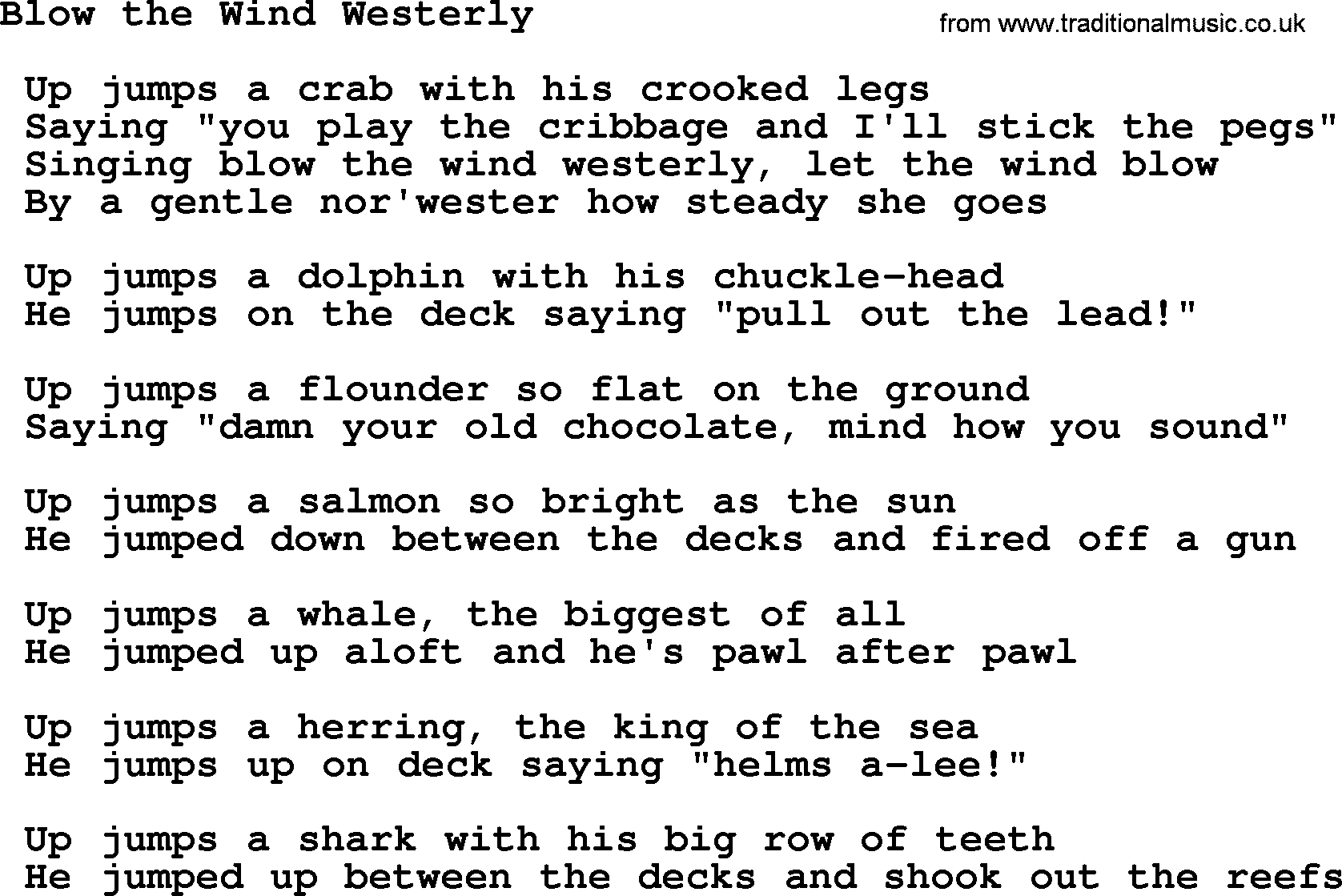 Sea Song or Shantie: Blow The Wind Westerly, lyrics