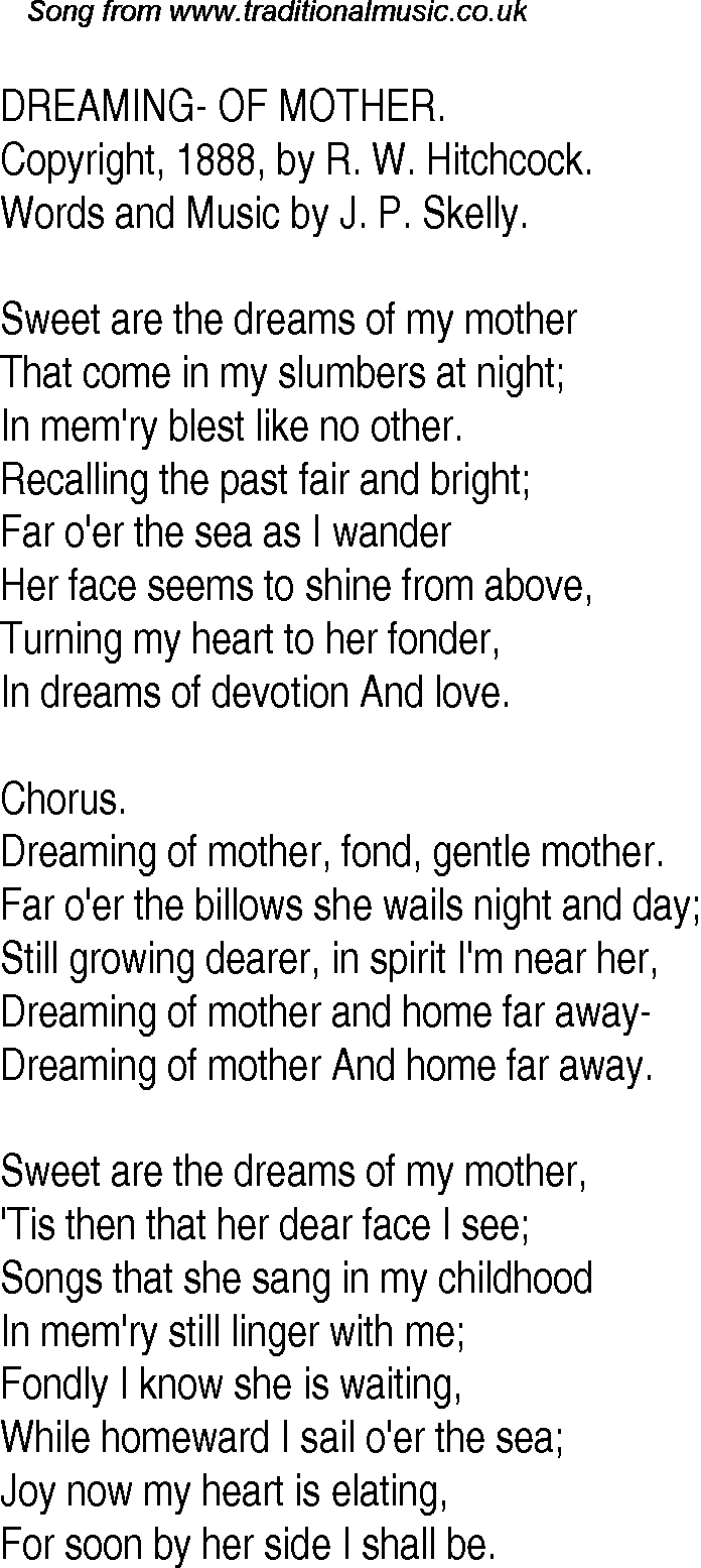 Old Time Song Lyrics For 27 Dreaming Of Mother