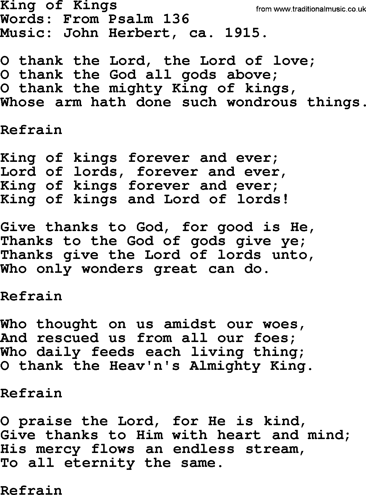 Thanksgiving Hymns and Songs: King Of Kings lyrics with PDF