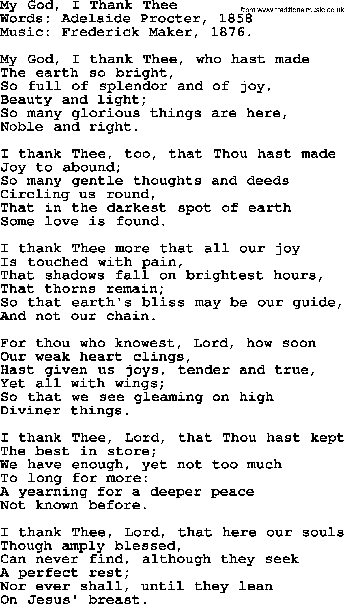 Thanksgiving and Harvest Hymns & Songs My God, I Thank Thee lyrics
