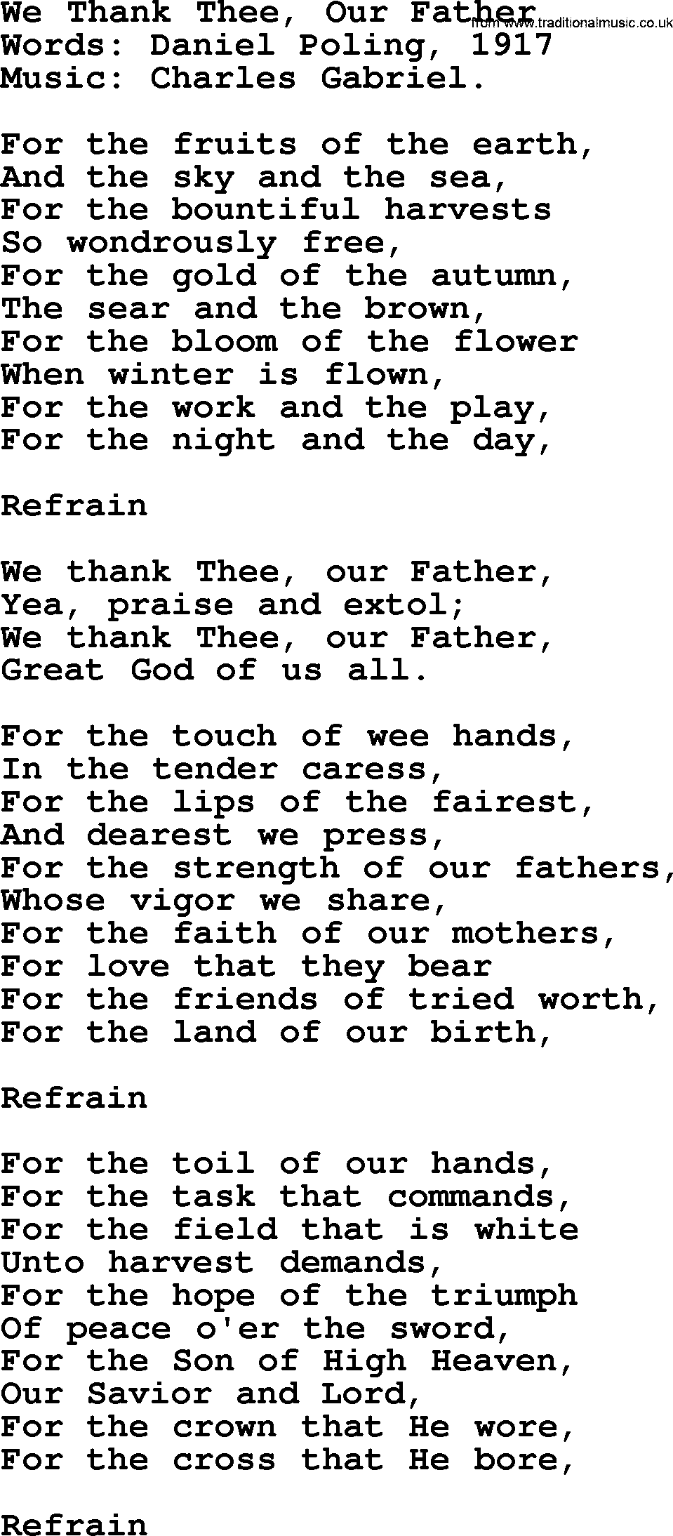 Thanksgiving Hymns and Songs: We Thank Thee, Our Father lyrics with PDF