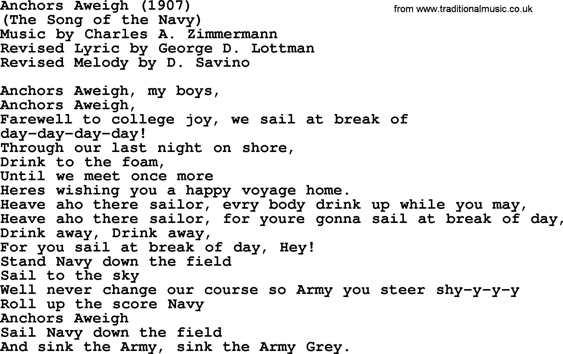World War(WW1) One Song: Anchors Aweigh 2, lyrics and PDF