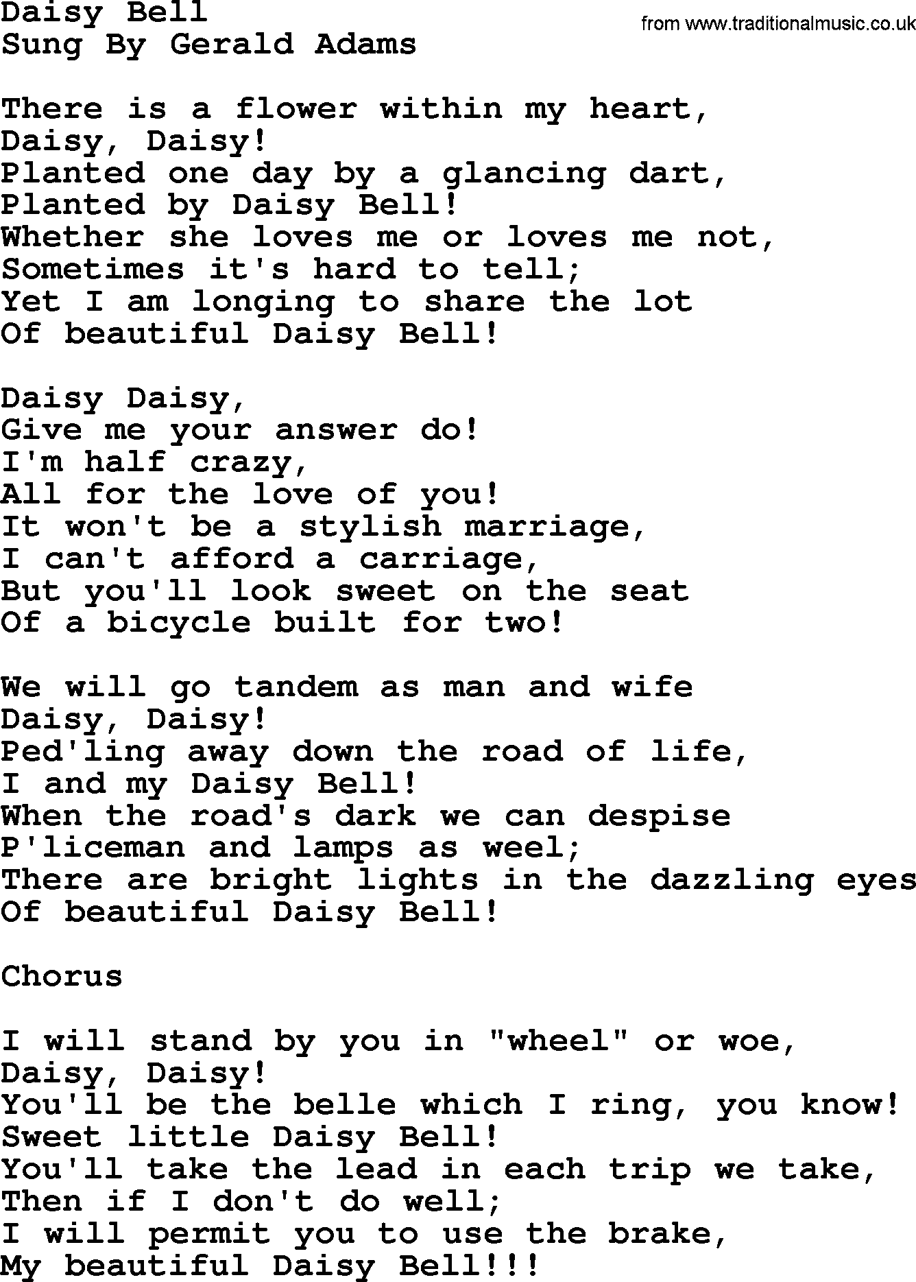 World War(WW1) One Song: Daisy Bell, lyrics and PDF