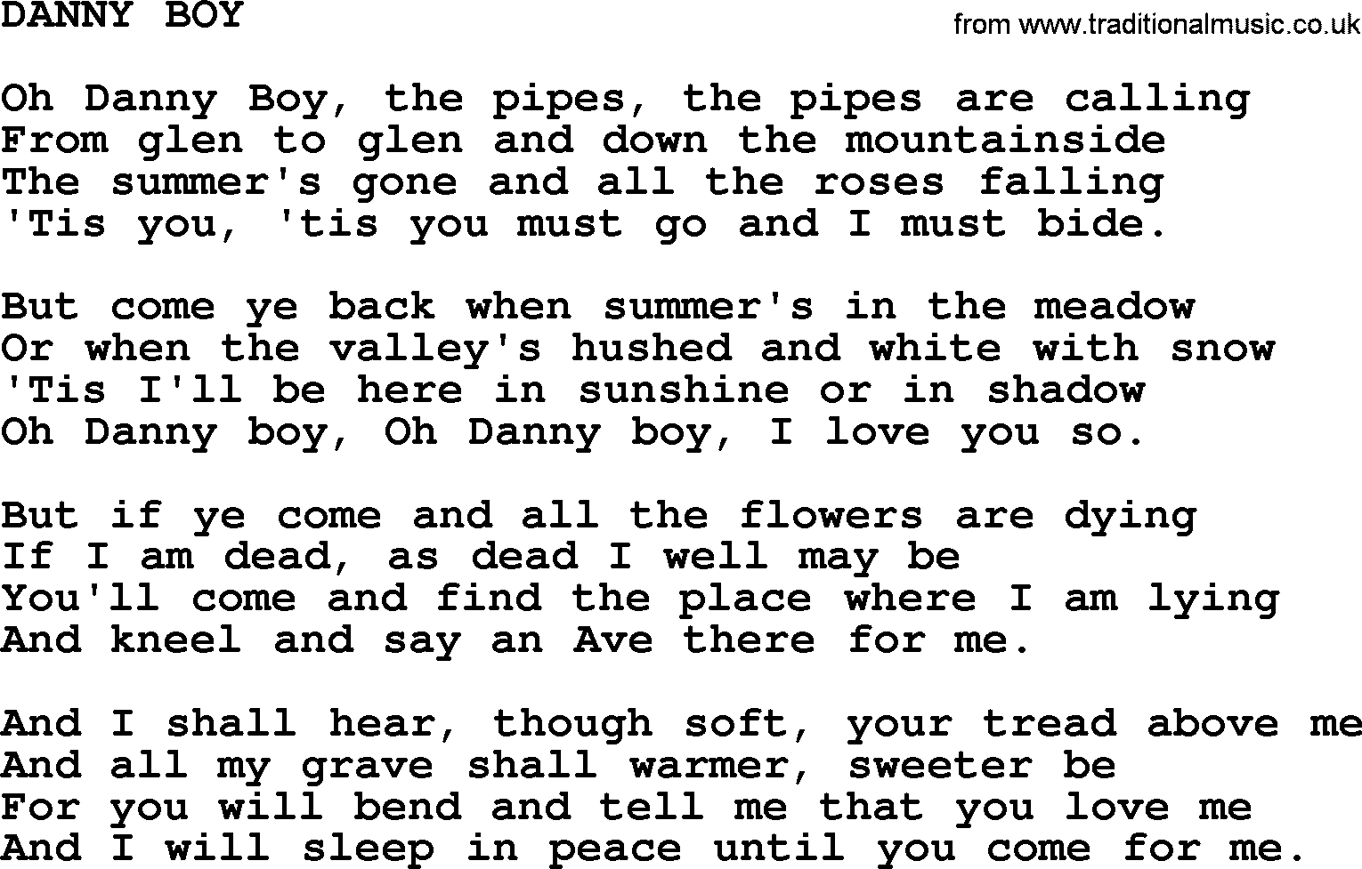 World War One(WW1)Era Song Lyrics for Danny Boy