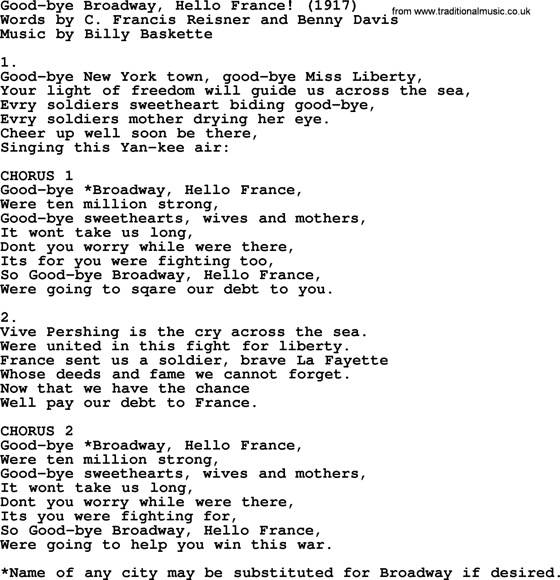 World War One Ww1 Era Song Lyrics For Good Bye Broadway Hello France 1917