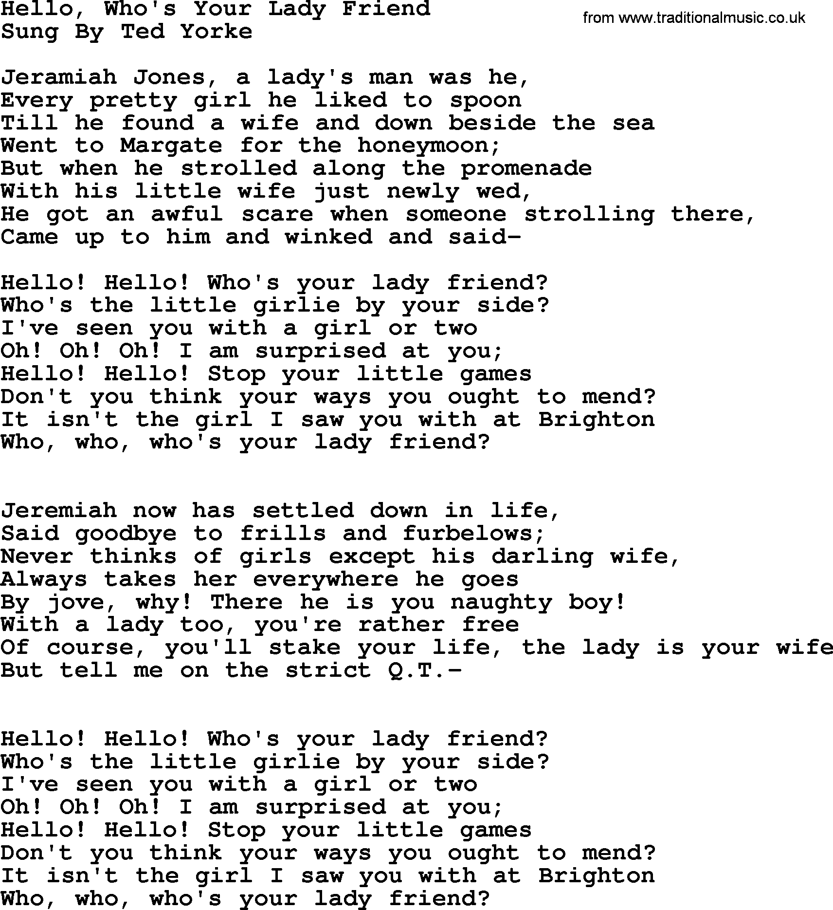 World War One Ww1 Era Song Lyrics For Hello Who S Your Lady Friend