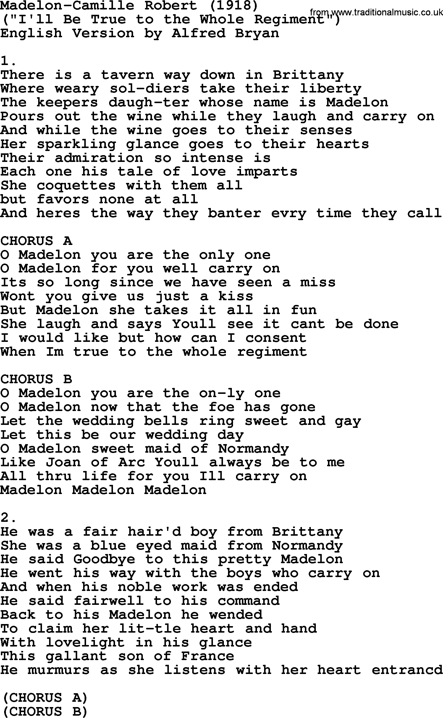 World War(WW1) One Song: Madelon-Camille Robert 1918, lyrics and PDF