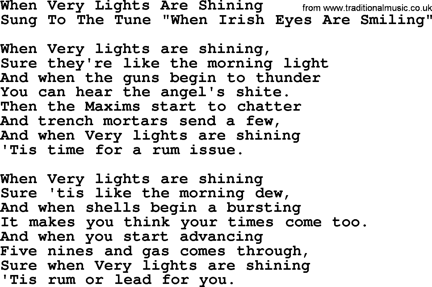 World War(WW1) One Song: When Very Lights Are Shining, lyrics and PDF