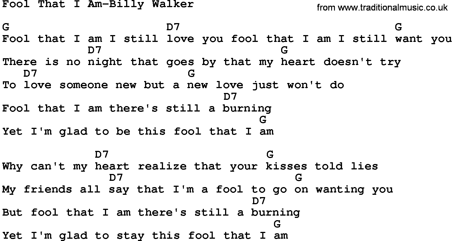 Country Music:Fool That I Am-Billy Walker Lyrics and Chords
