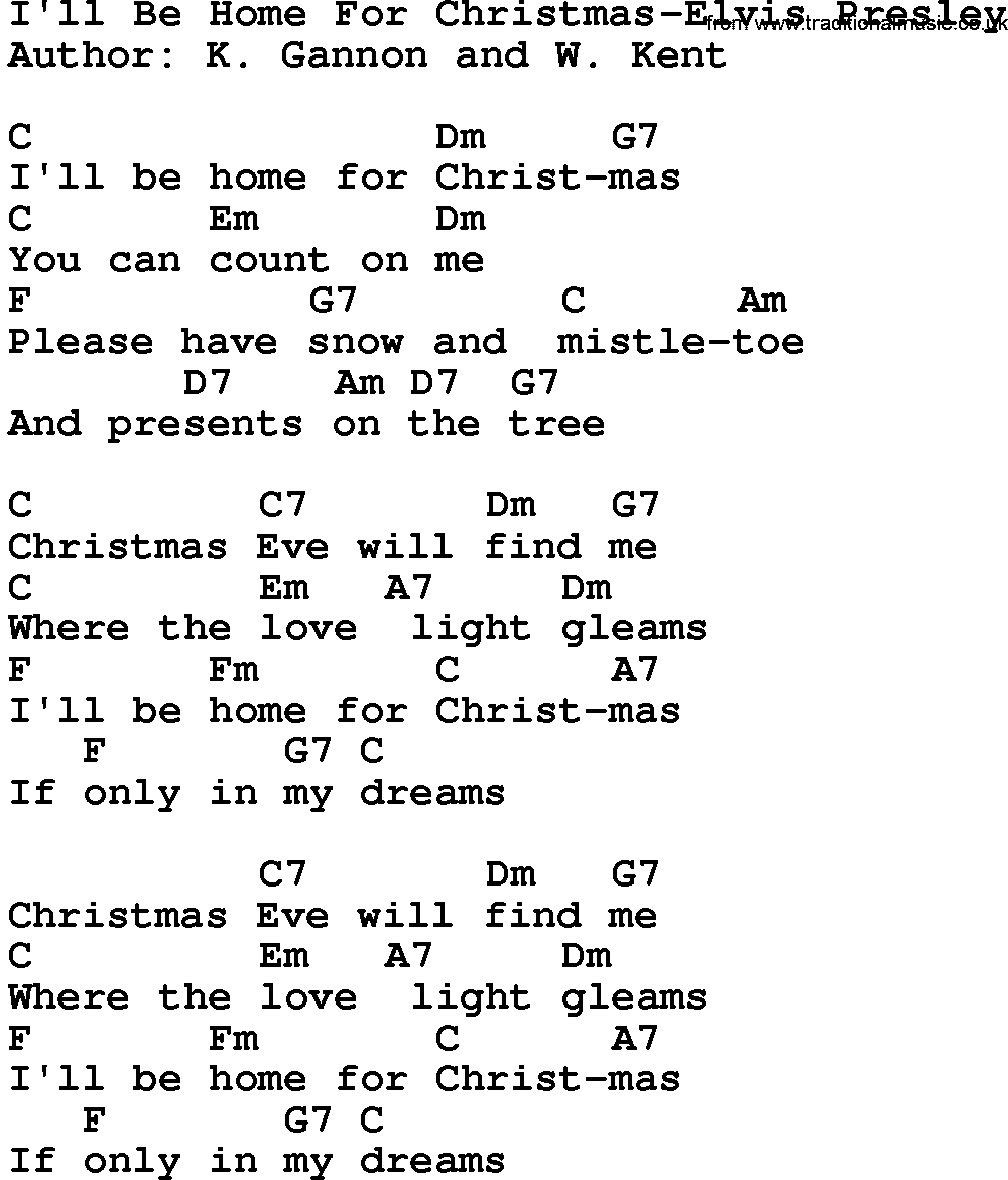 Country music song: I'll Be Home For Christmas-Elvis Presley lyrics and chords