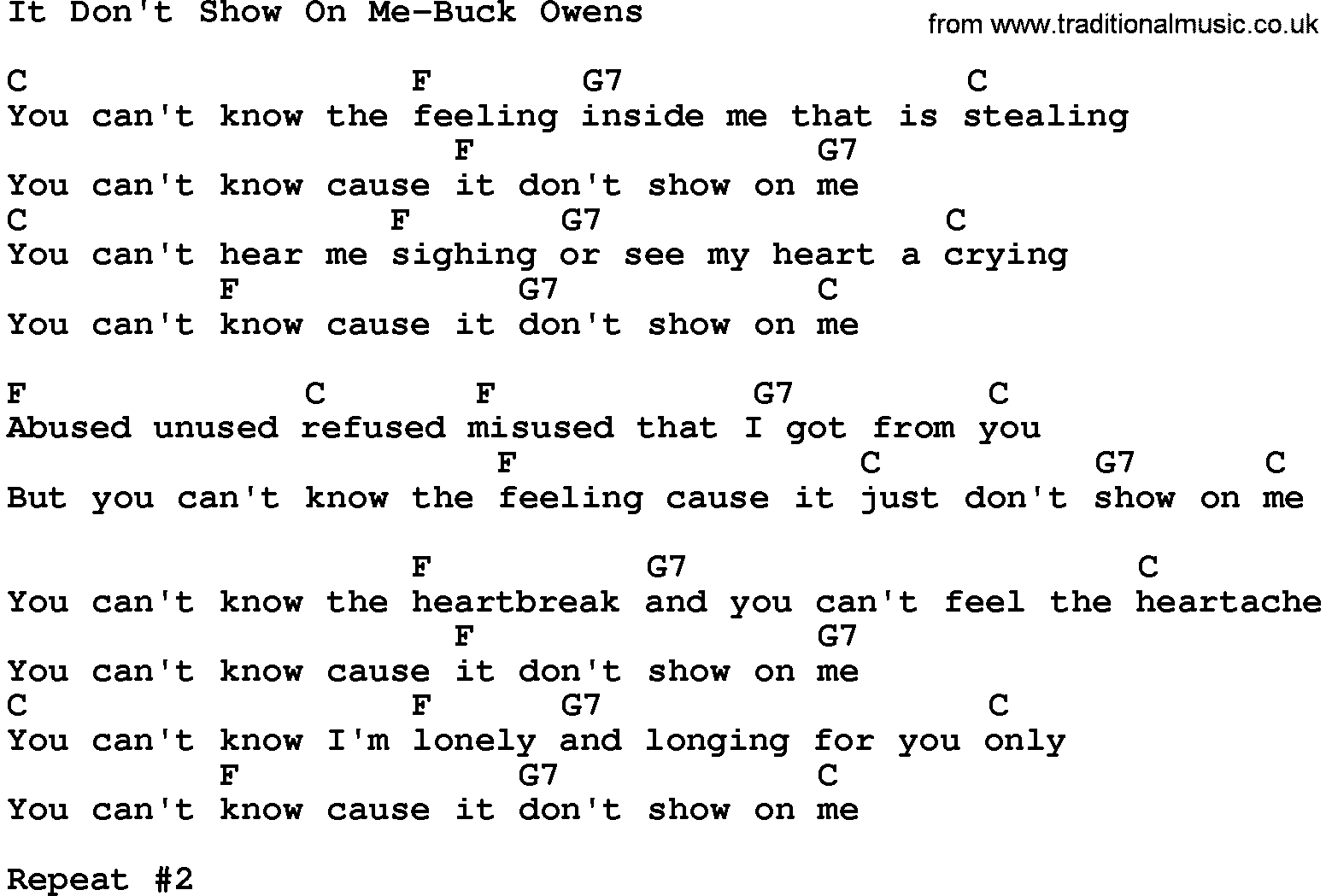 Country Music:It Don't Show On Me-Buck Owens Lyrics and Chords