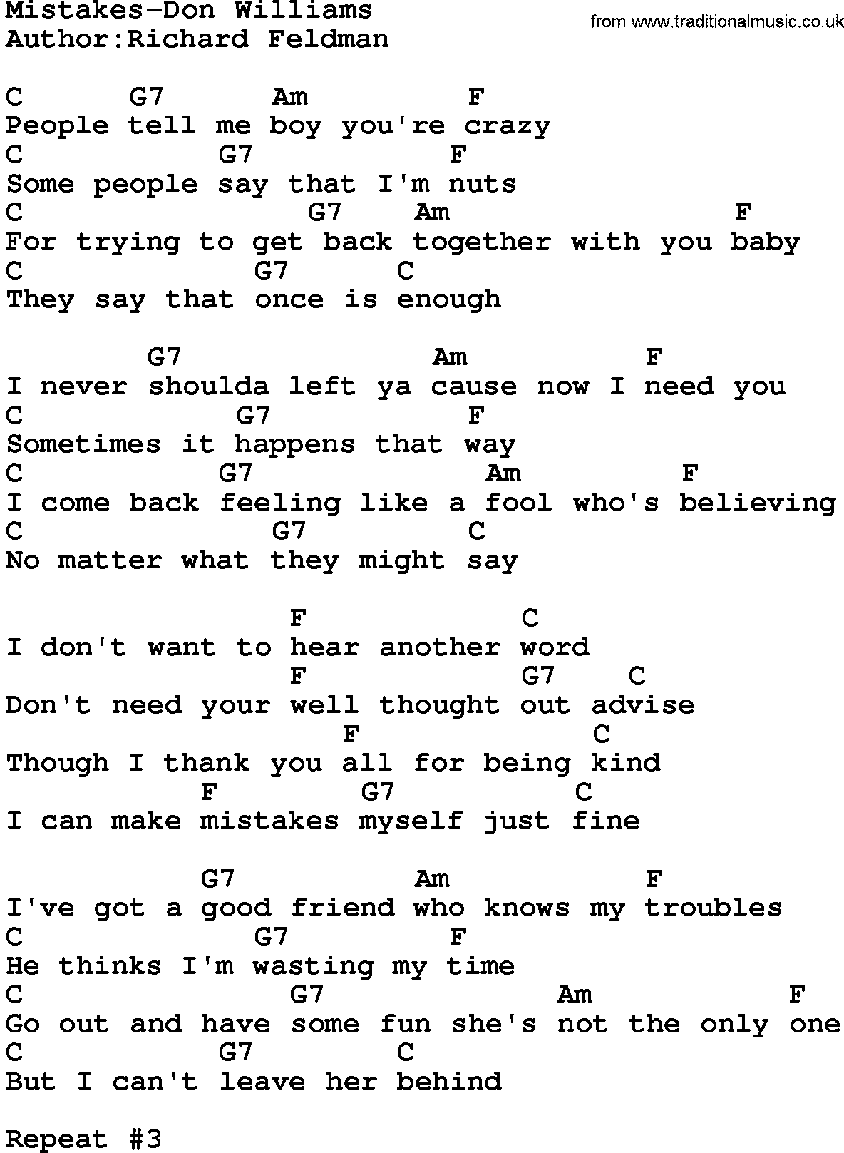 Mistakes Lyrics by Don Williams
