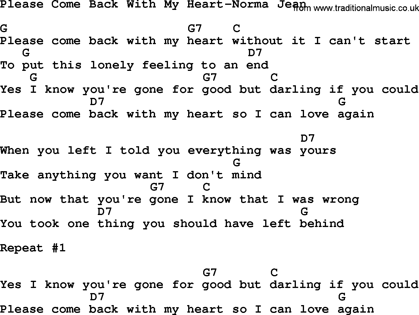 Country Music:Please Come Back With My Heart-Norma Jean Lyrics and Chords