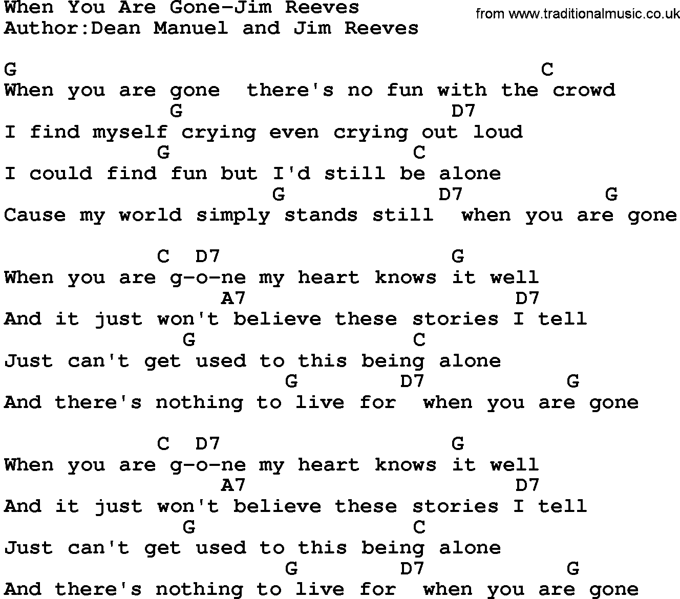 Country Music:When You Are Gone-Jim Reeves Lyrics and Chords