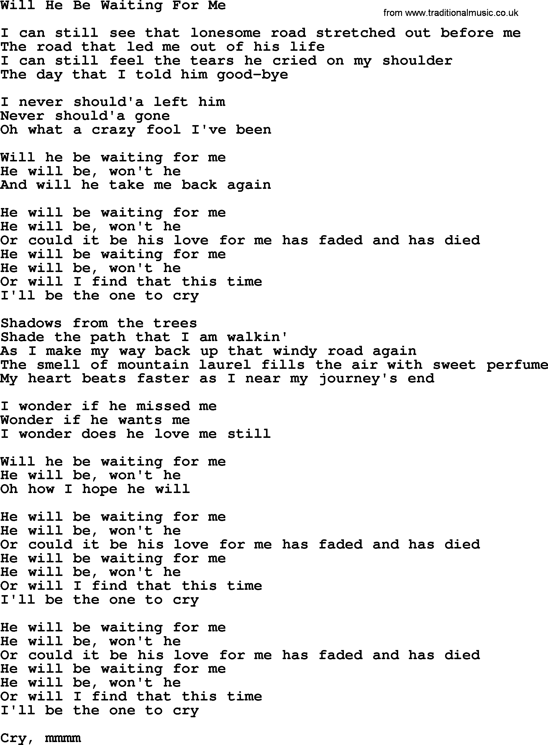 Dolly Parton song: Will He Be Waiting For Me, lyrics