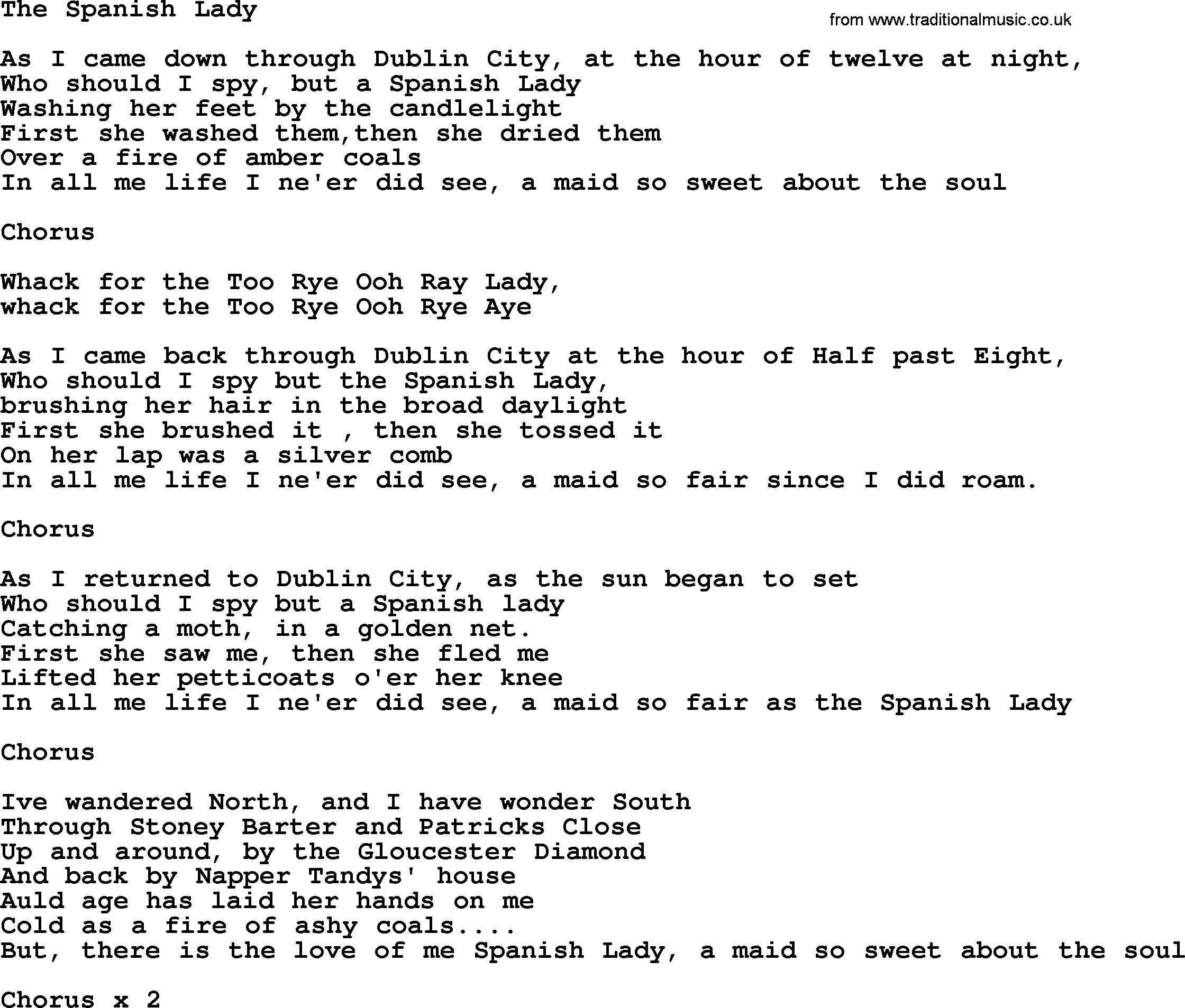 The Spanish Lady By The Dubliners Song Lyrics And Chords