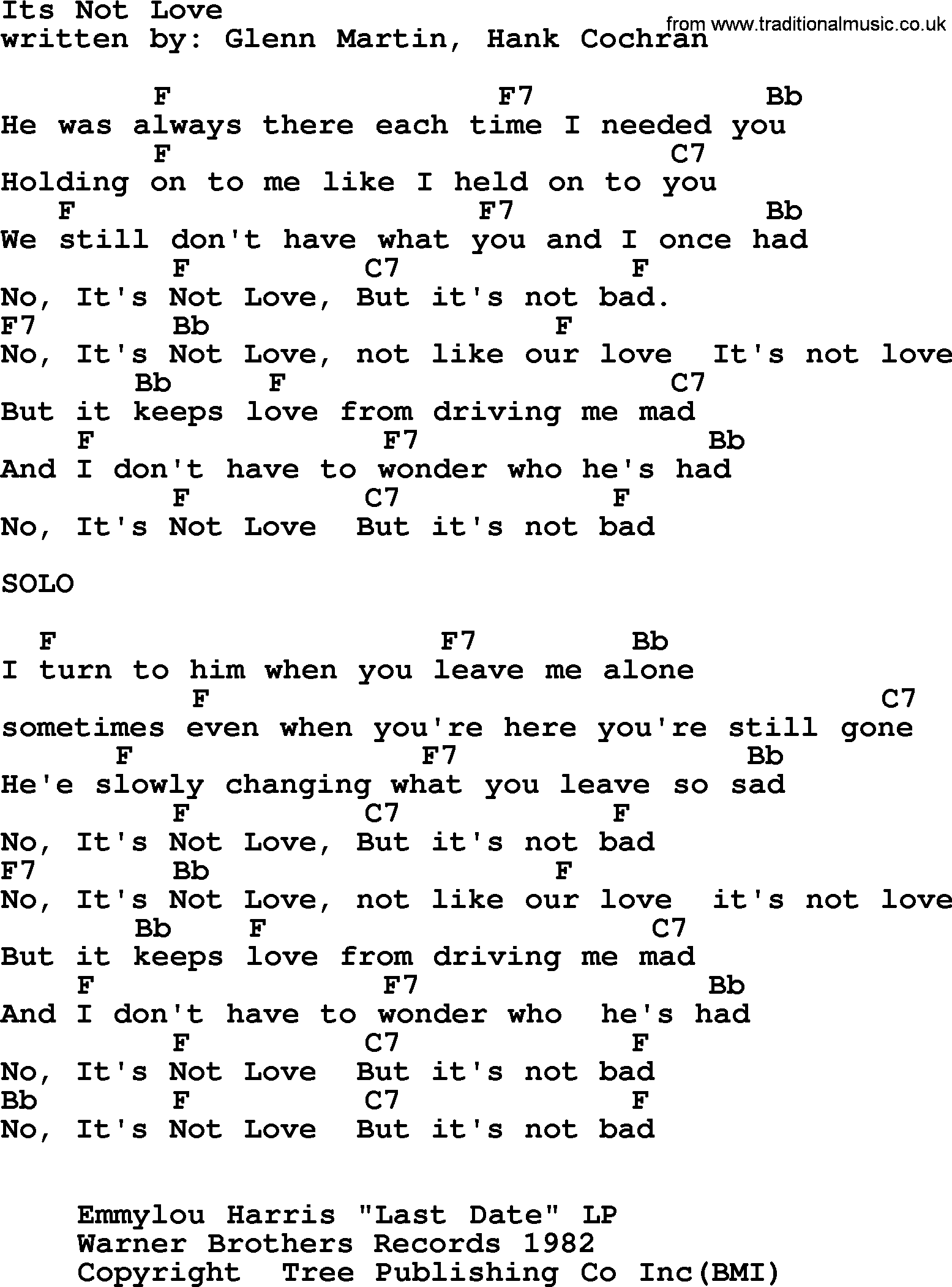 Emmylou Harris Song Its Not Love Lyrics And Chords