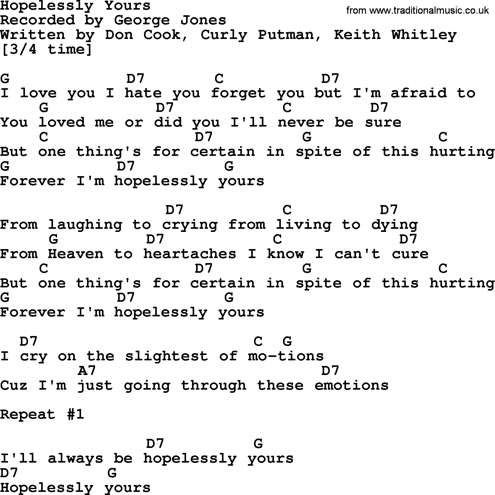 Hopelessly Yours by George Jones - Counrty song lyrics and chords