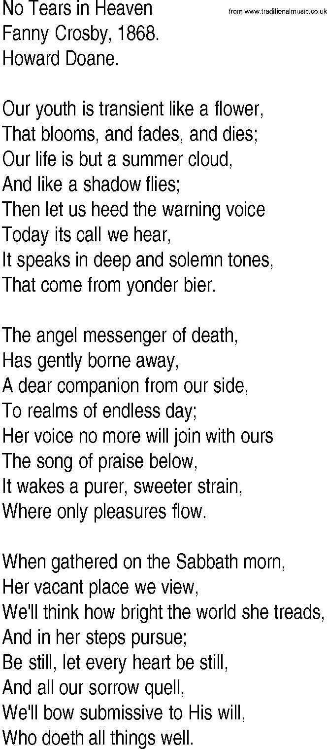 Hymn and Gospel Song: No Tears in Heaven by Fanny Crosby lyrics