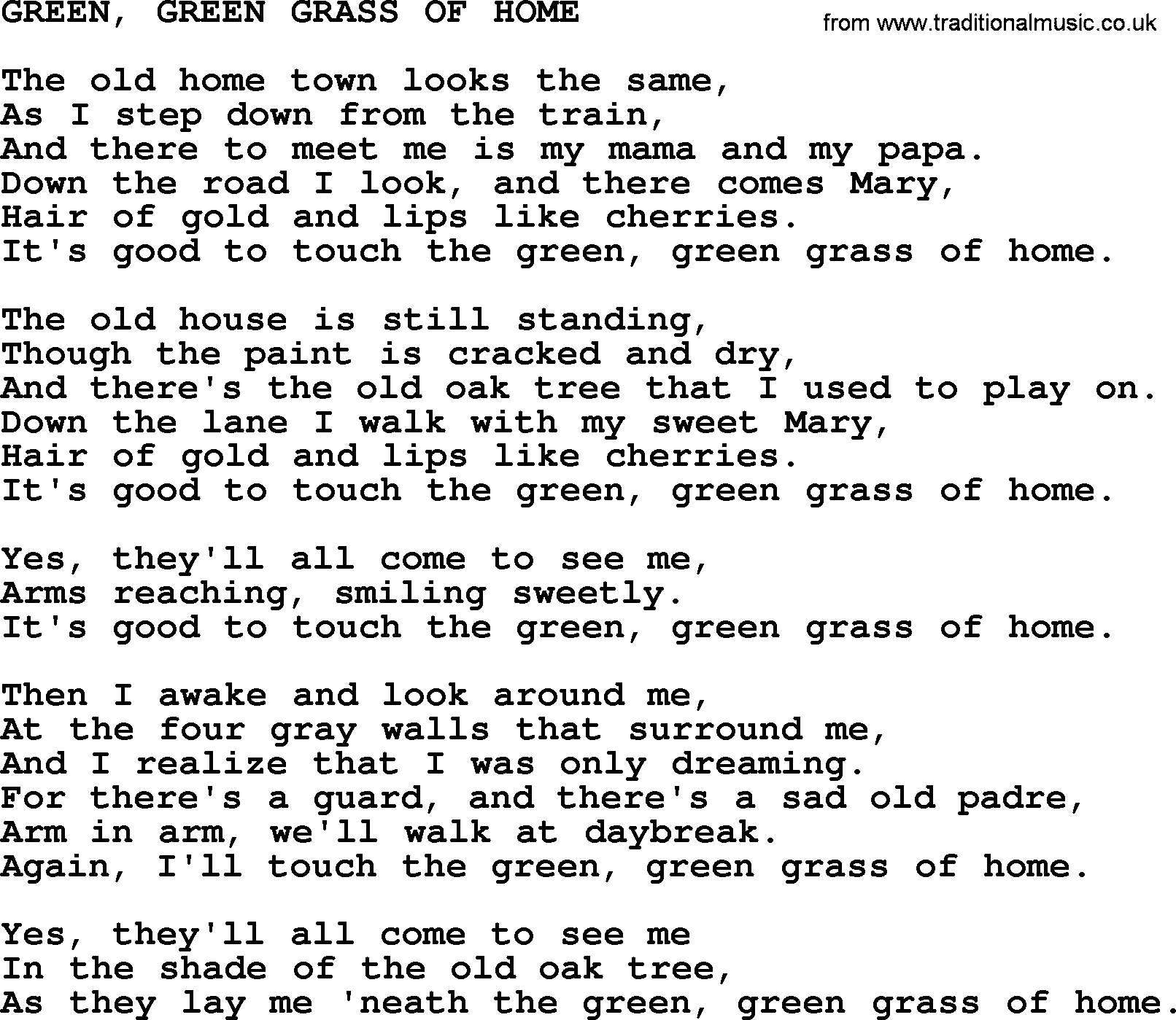 Johnny Cash song Green Green Grass Of Home, lyrics and chords