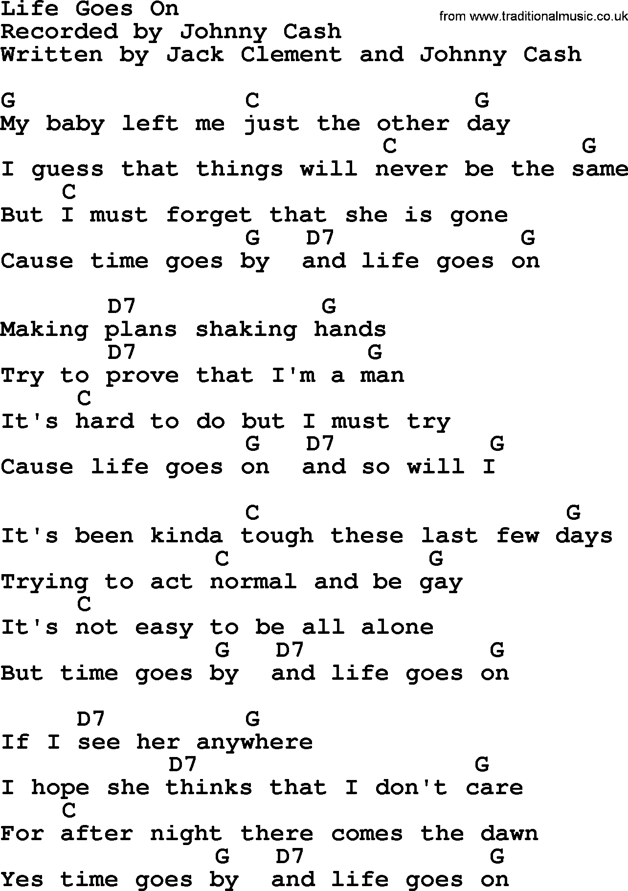 Johnny Cash Song Life Goes On Lyrics And Chords