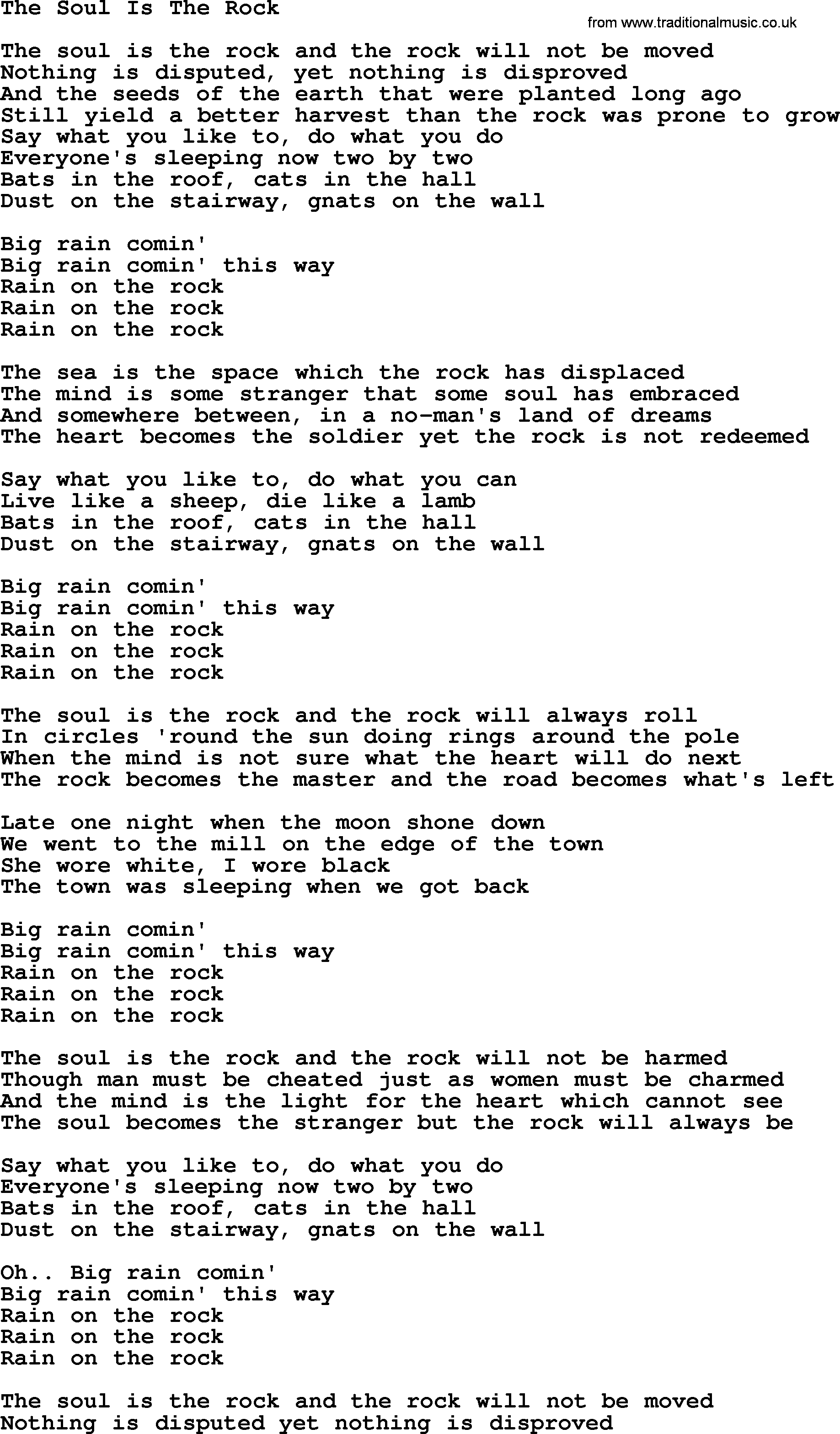 Gordon Lightfoot song The Soul Is The Rock, lyrics