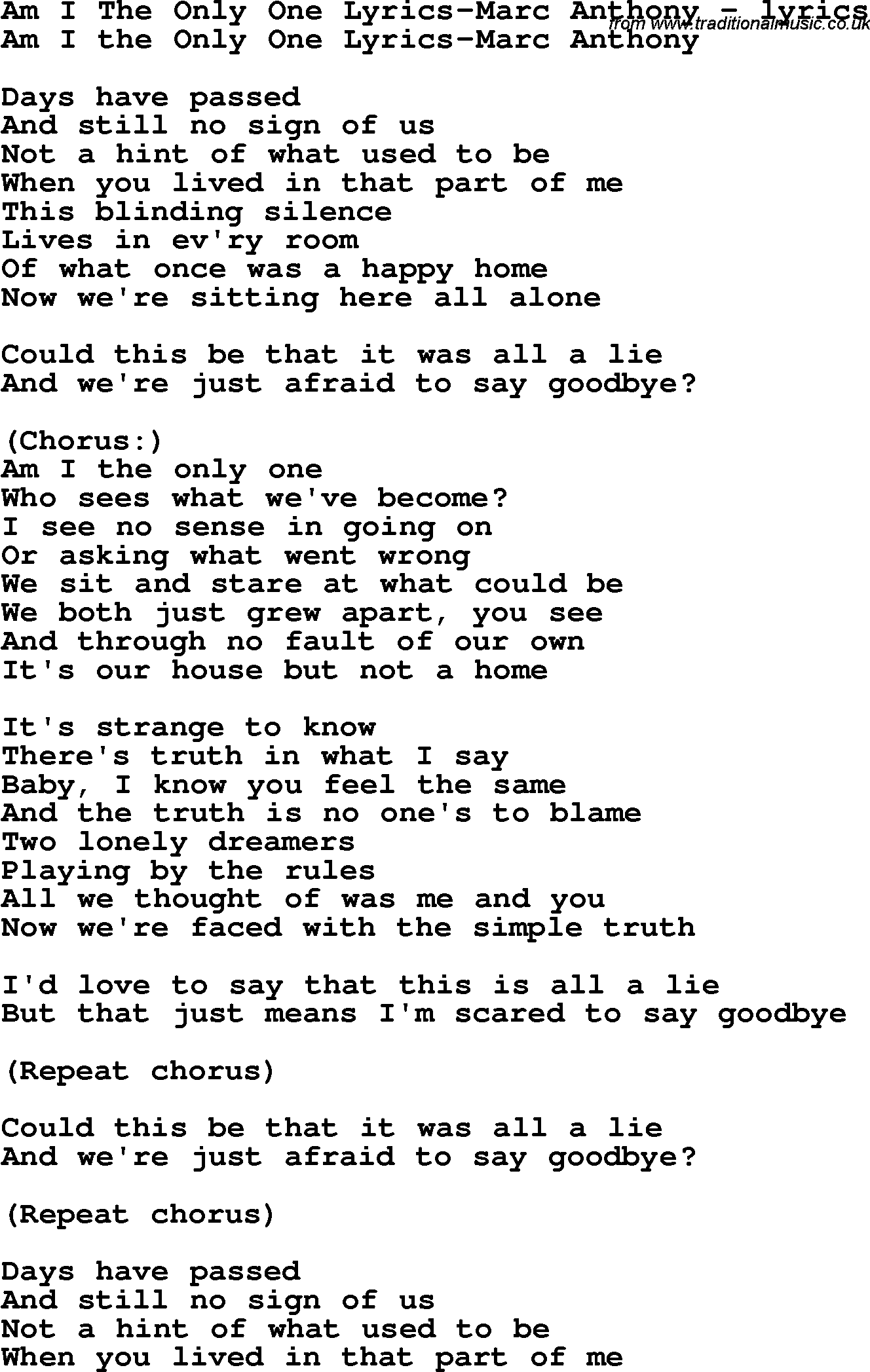 Love Song Lyrics for:Am I The Only One Lyrics-Marc Anthony