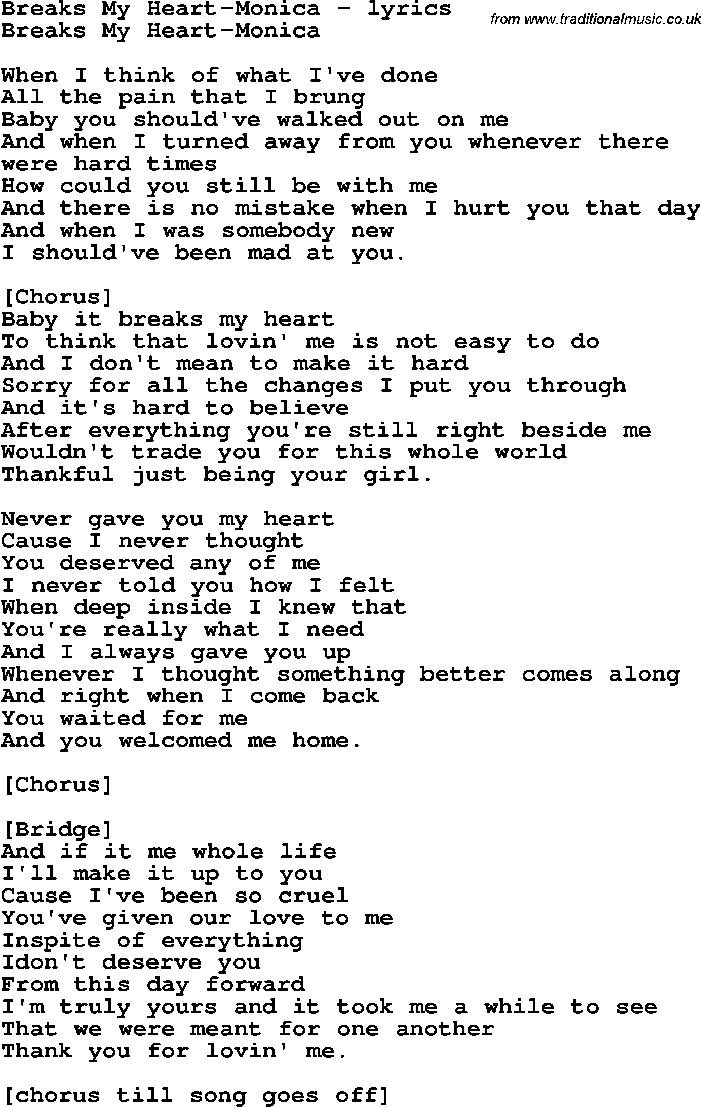 Love Song Lyrics for:Breaks My Heart-Monica