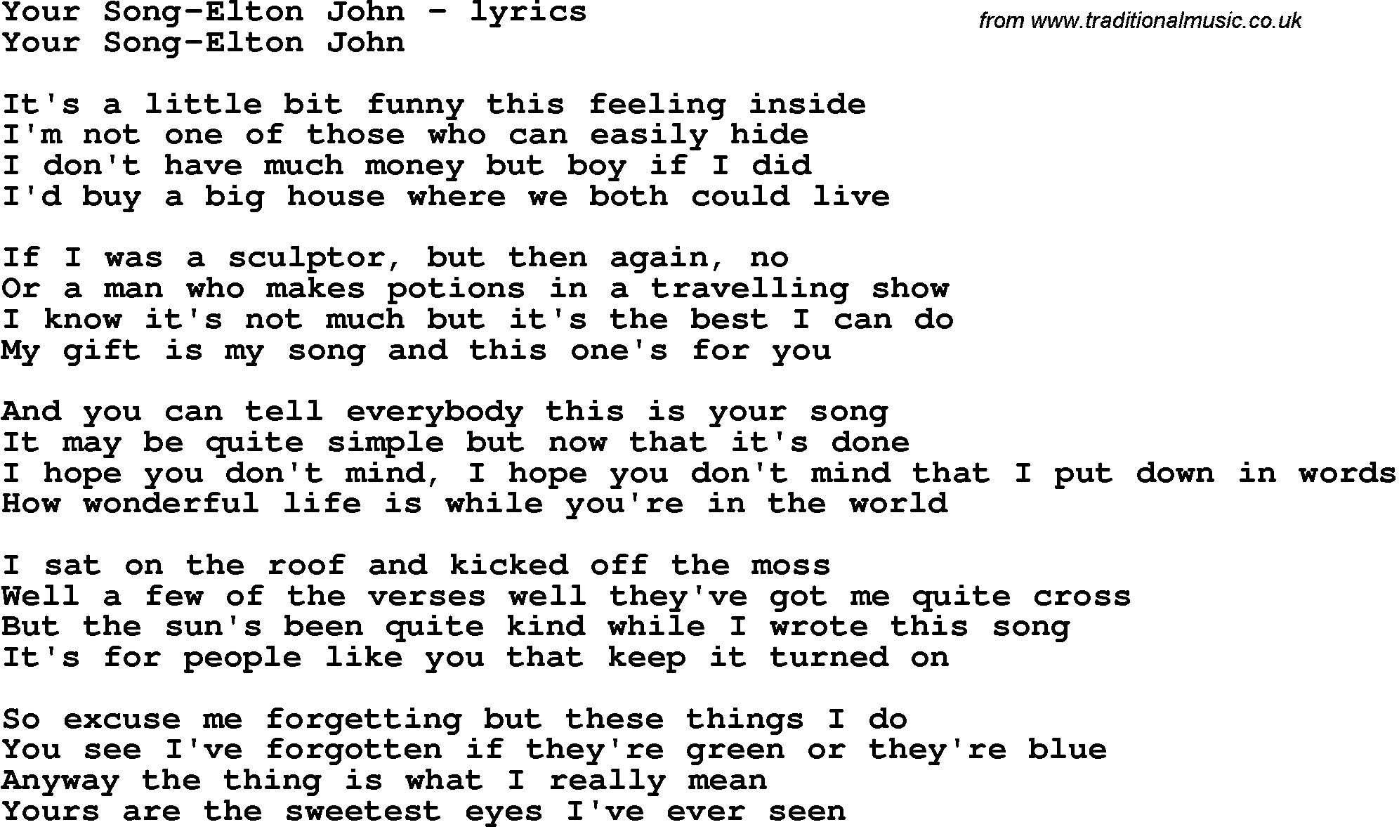 Love Song Lyrics For Your Song Elton John
