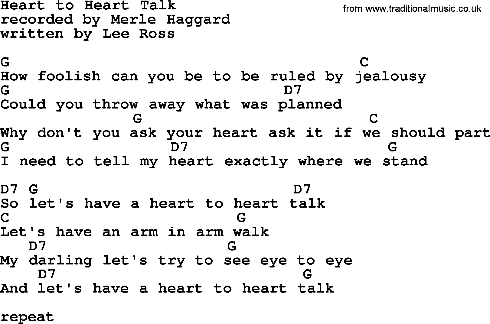 Heart to Heart Talk by Merle Haggard - lyrics and chords