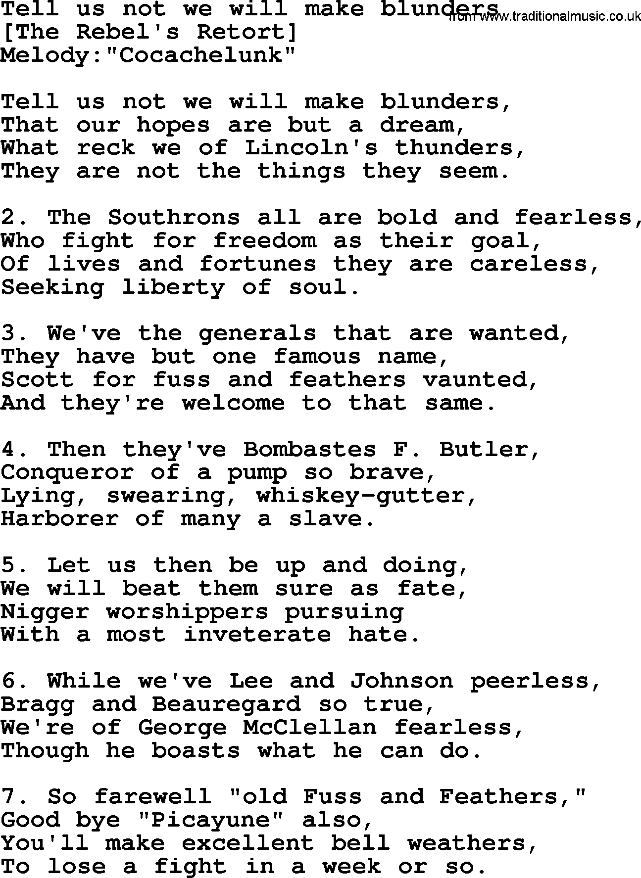 Old American Song - Lyrics for: Tell Us Not We Will Make Blunders
