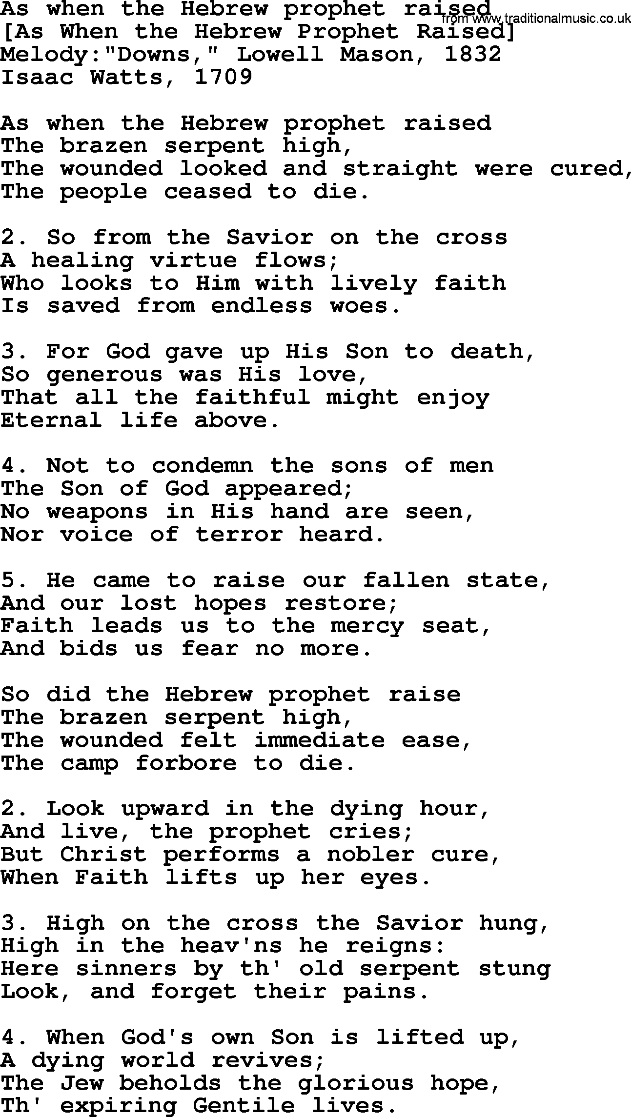 Old English Song Lyrics for As When The Hebrew Prophet Raised, with PDF