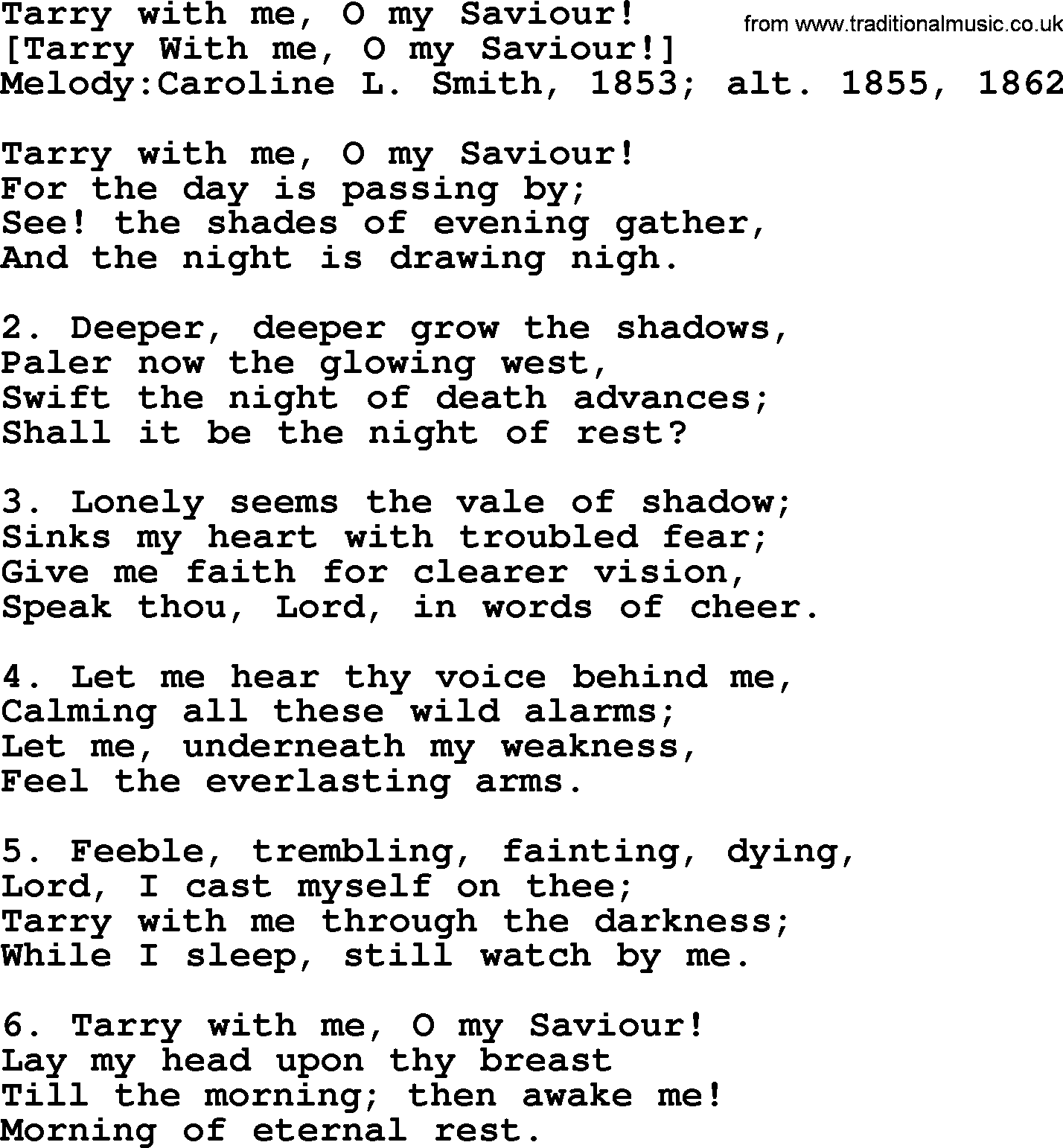 Old English Song Lyrics for Tarry With Me, O My Saviour!, with PDF
