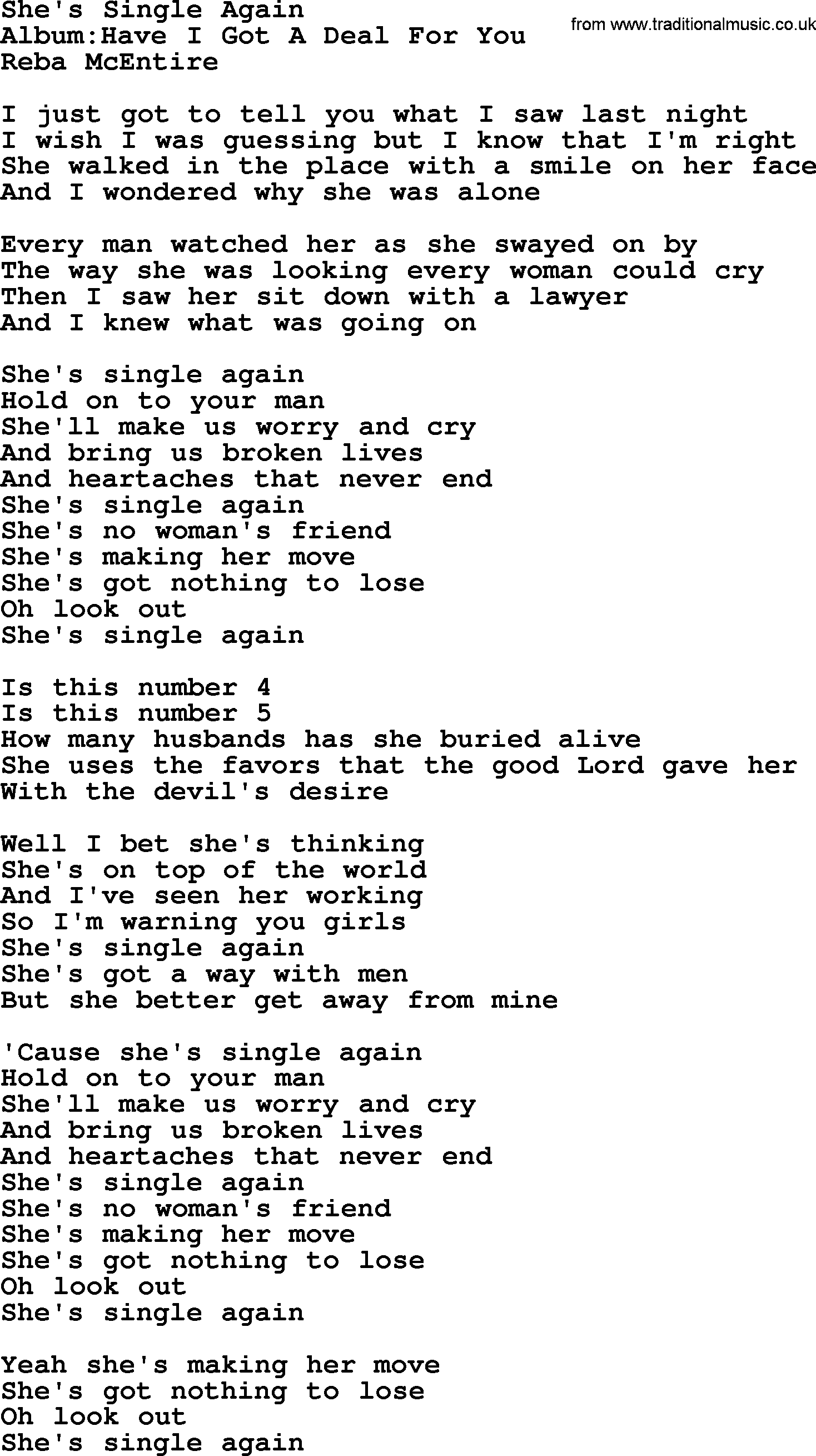 She's Single Again, by Reba McEntire - lyrics