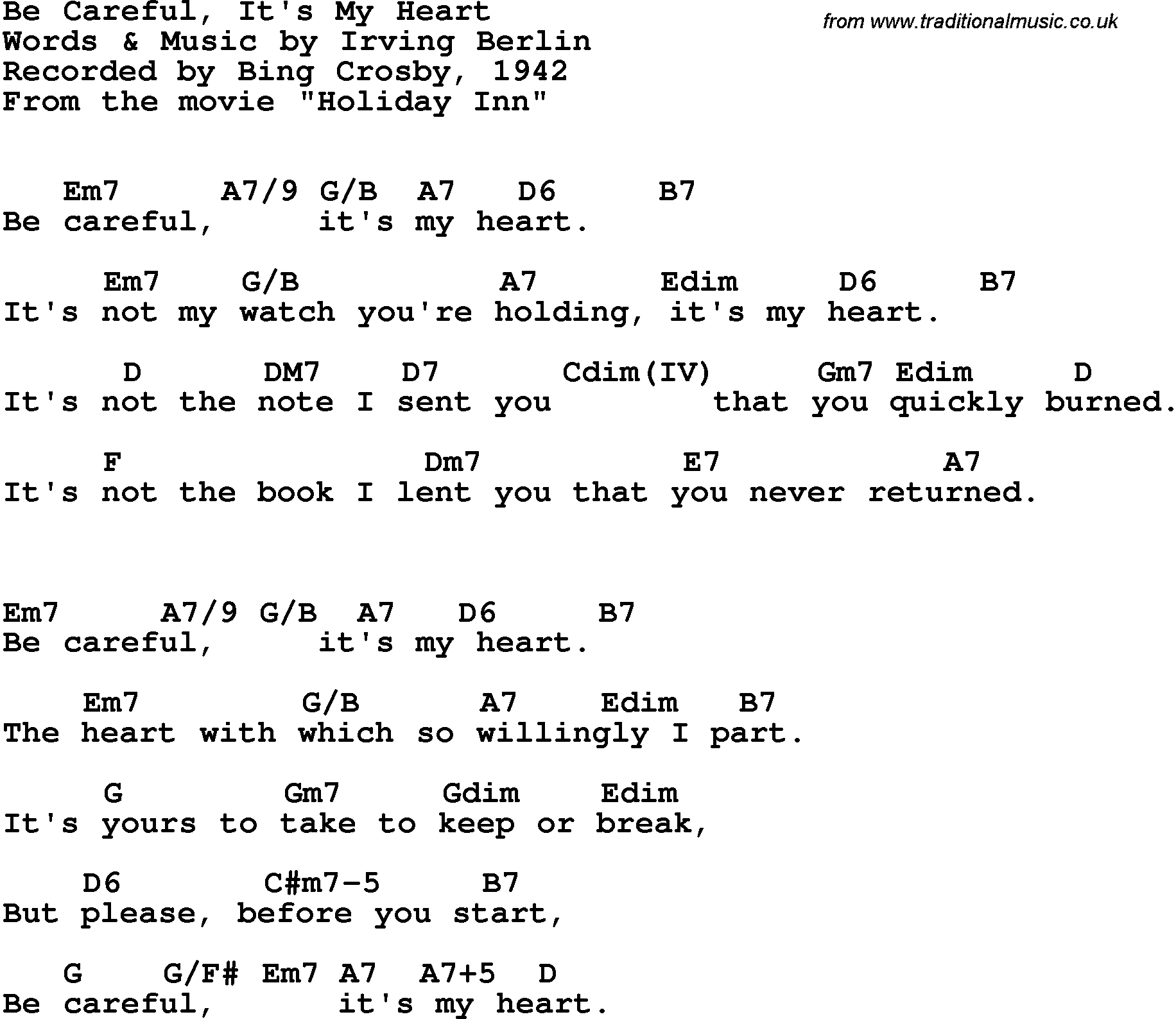 Song lyrics with guitar chords for Be Careful It's My Heart - Bing ...