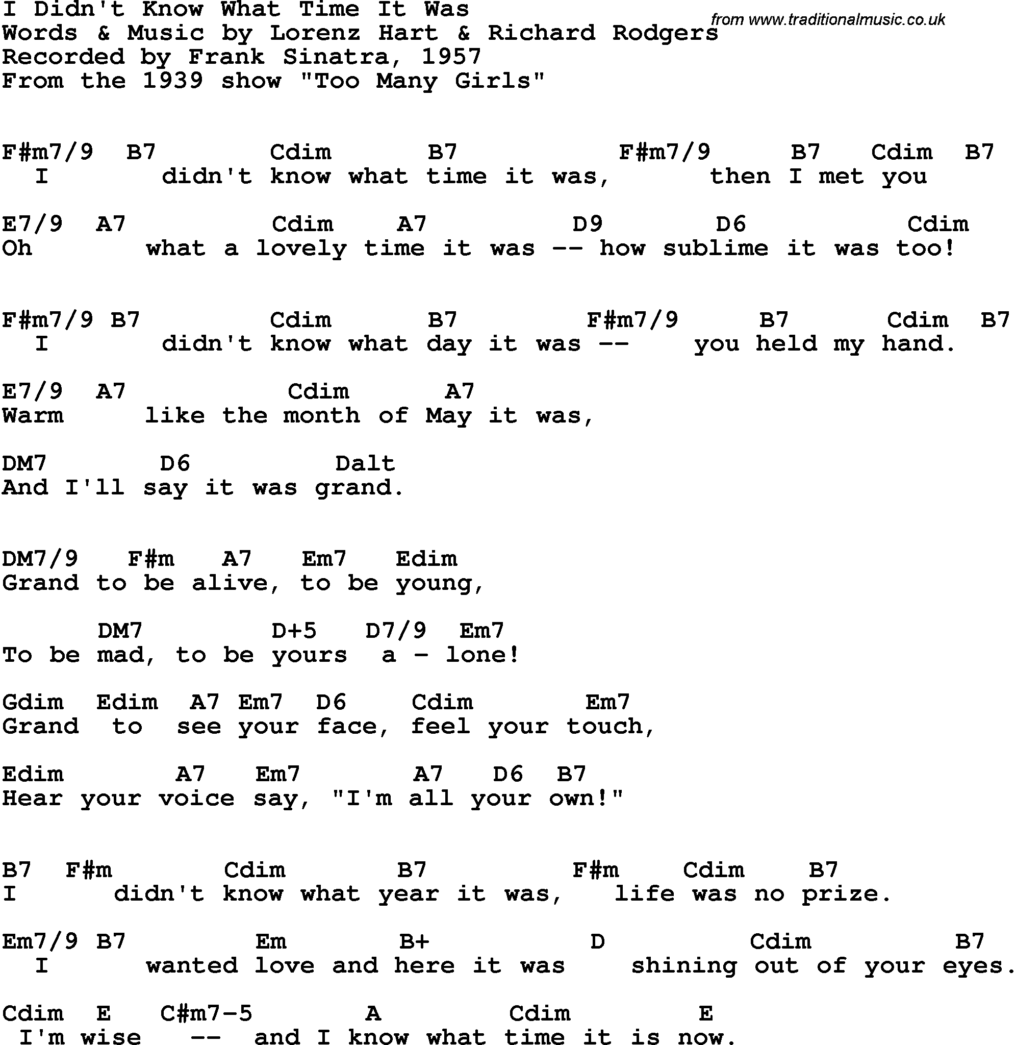 Song lyrics with guitar chords for I Didn't Know What Time It Was ...