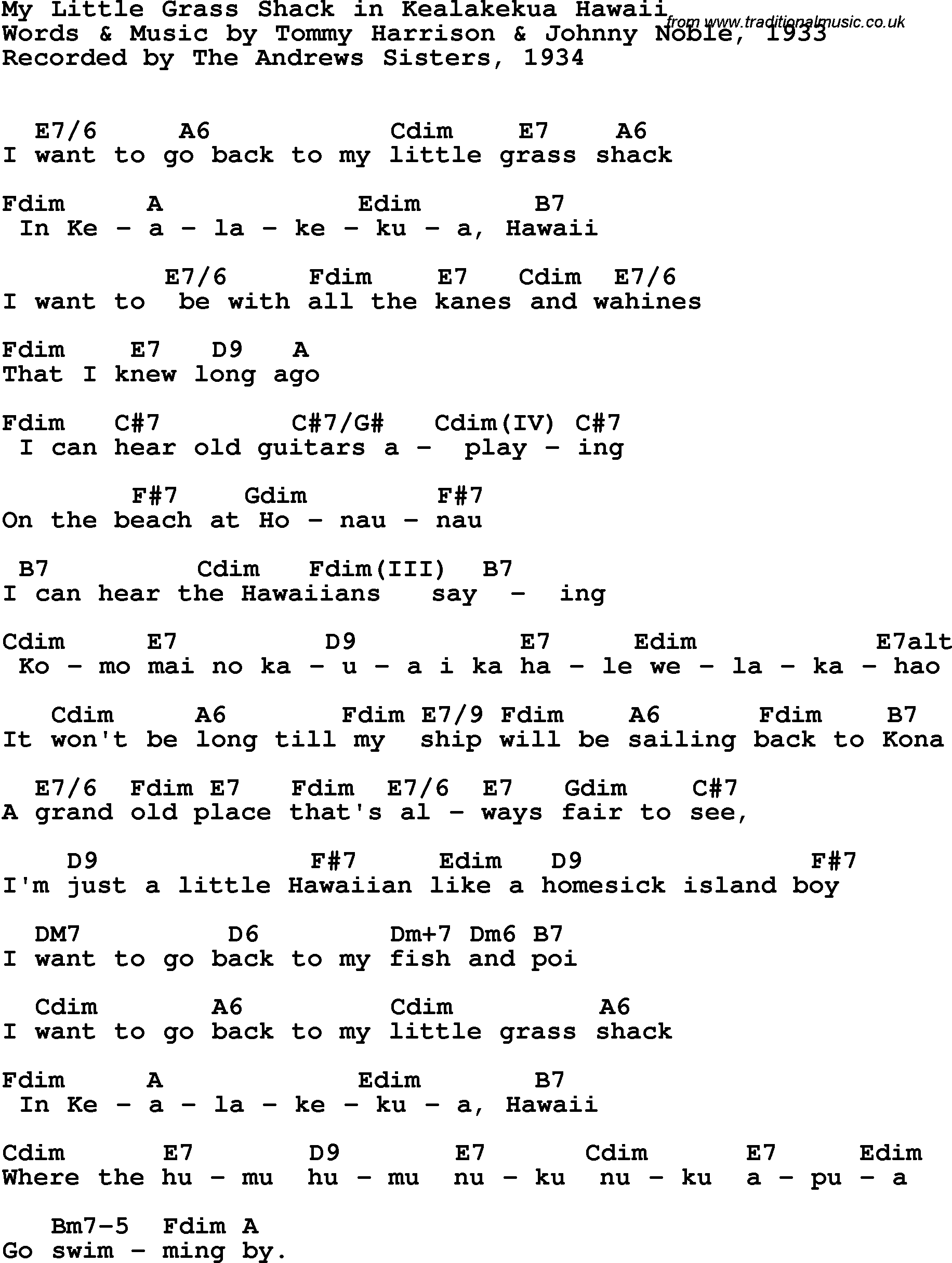 Song lyrics with guitar chords for My Little Grass Shack - The Andrews ...