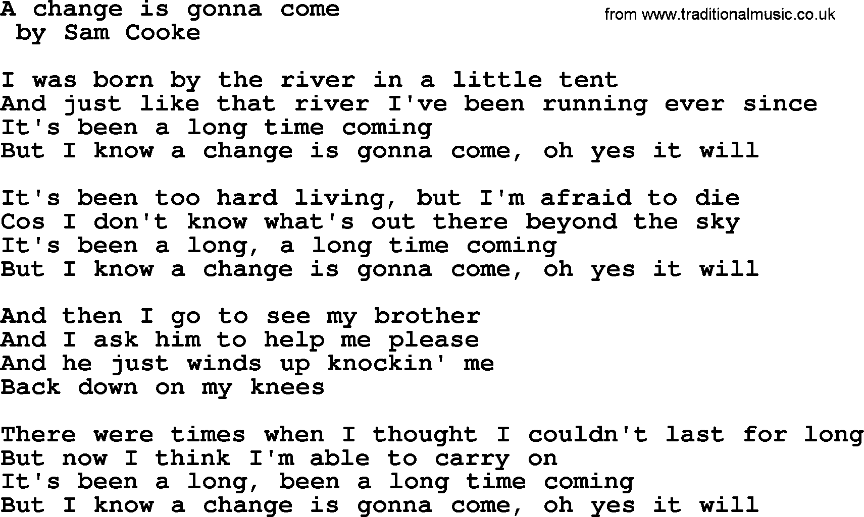 Bruce song: A Change Gonna Come, lyrics