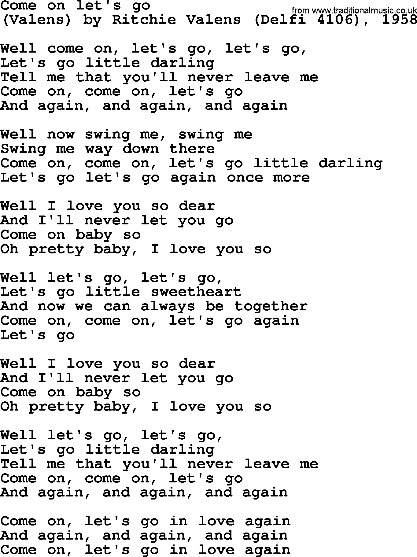 Bruce Springsteen song: Come On Let's Go lyrics