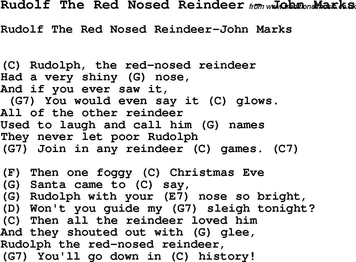 Song Rudolf The Red Nosed Reindeer by John Marks, song lyric for vocal plus accompaniment chords for Ukulele, Guitar, Banjo