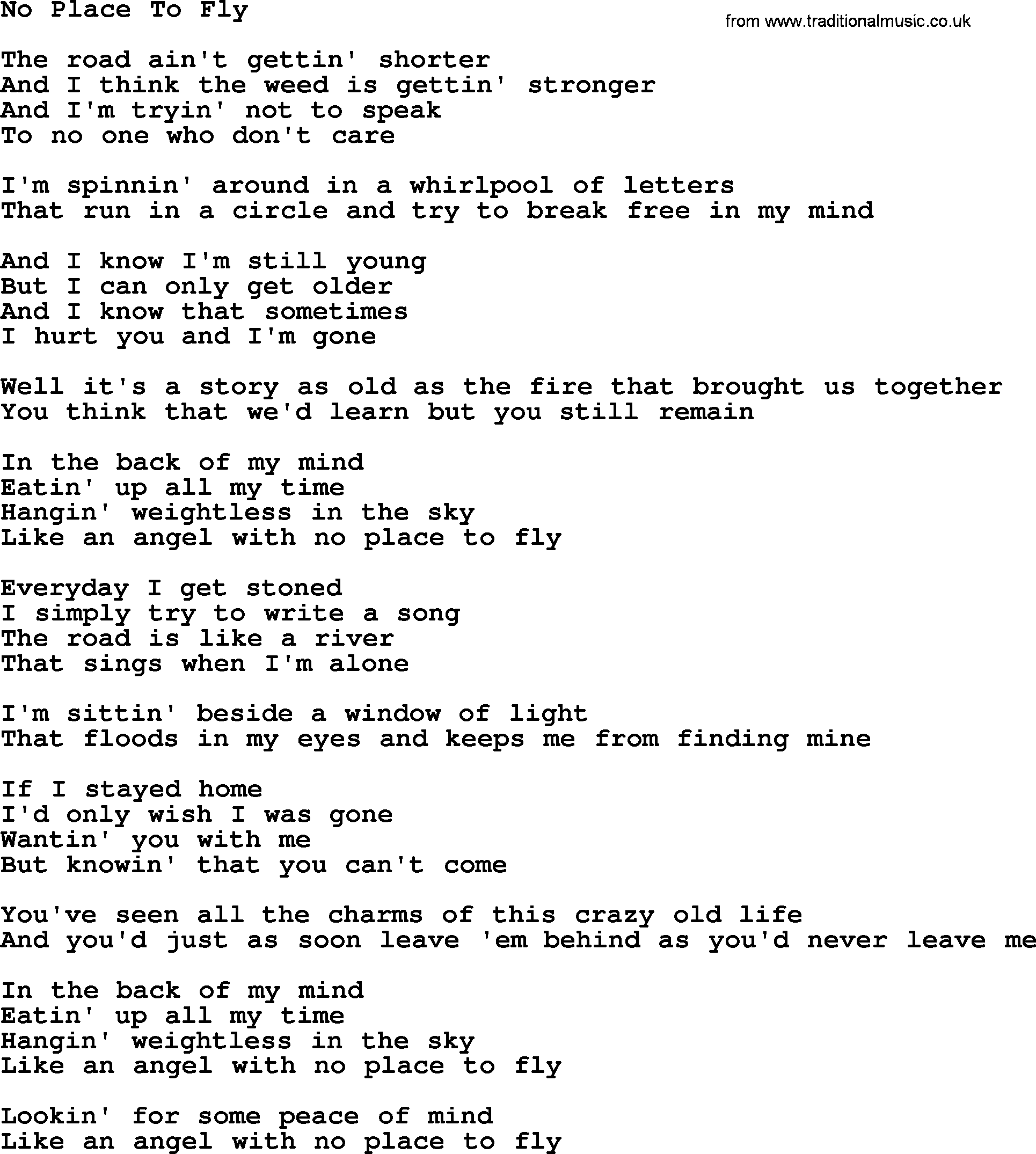 Willie Nelson song: No Place To Fly, lyrics